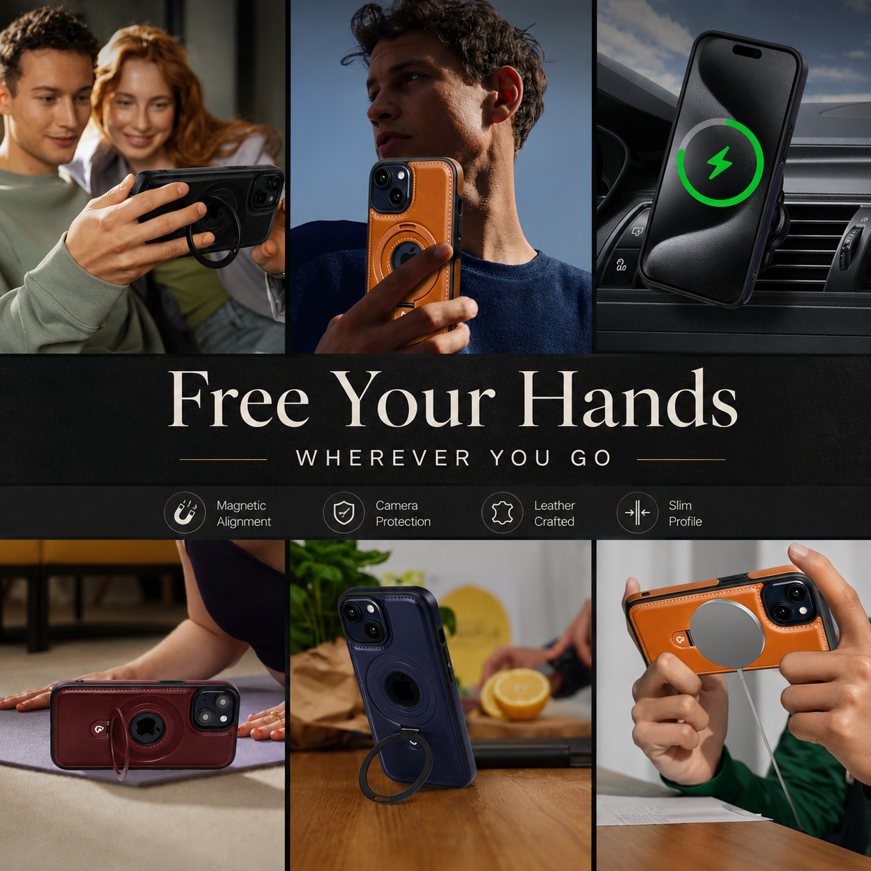 Premium iPhone Case MagSafe Compatible PU Leather Ring Stand Magnetic Cover 360 Rotating Kickstand Shockproof Camera Lens Protection Slim Design