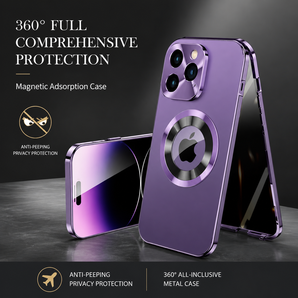 Premium iPhone Case MagSafe Compatible Privacy Screen Double Sided Tempered Glass Metal Frame 360 Full Body Shockproof Cover Camera Lens Protection Slim Design