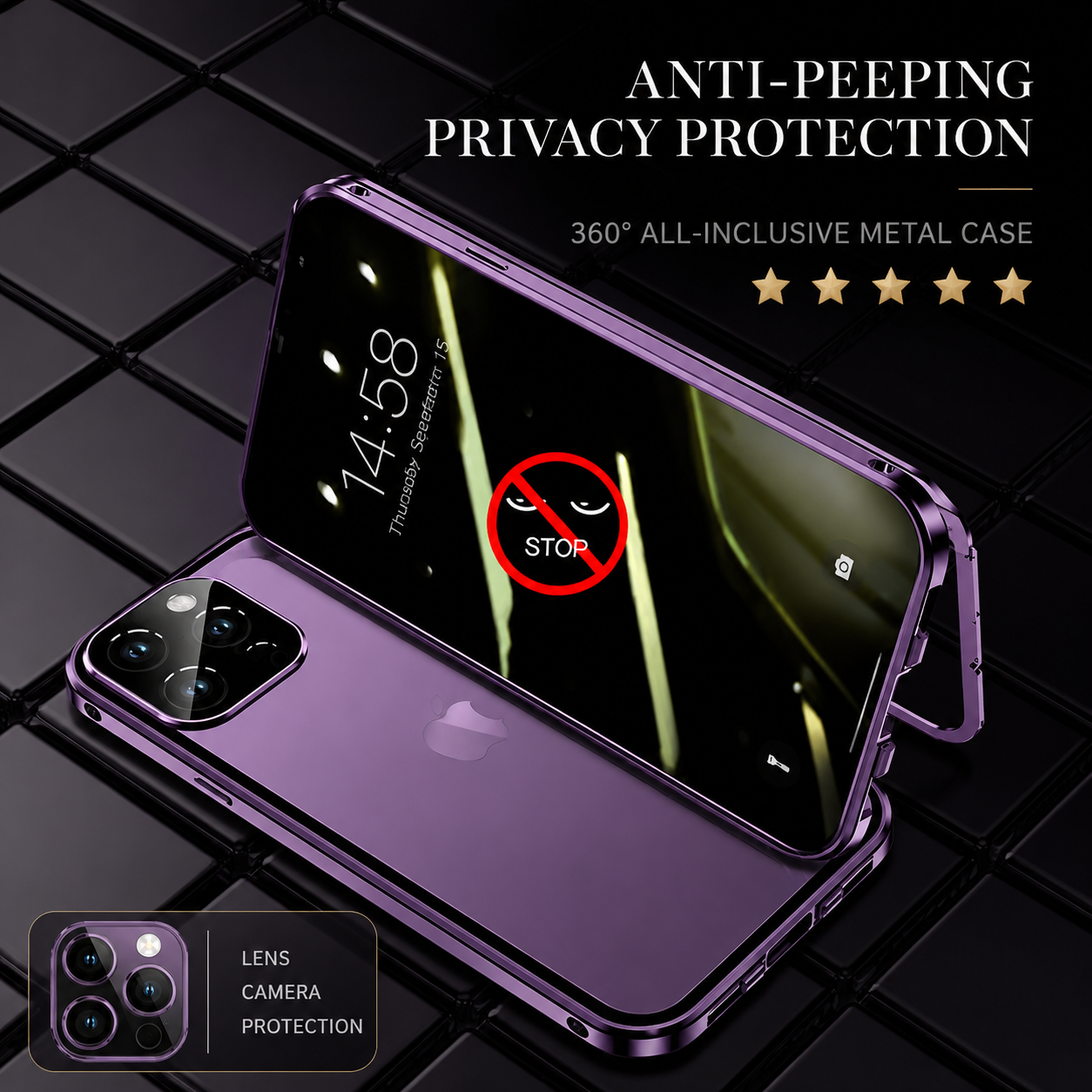 Premium iPhone Case MagSafe Compatible Privacy Screen Double Sided Tempered Glass Metal Frame 360 Full Body Shockproof Cover Camera Lens Protection Slim Design