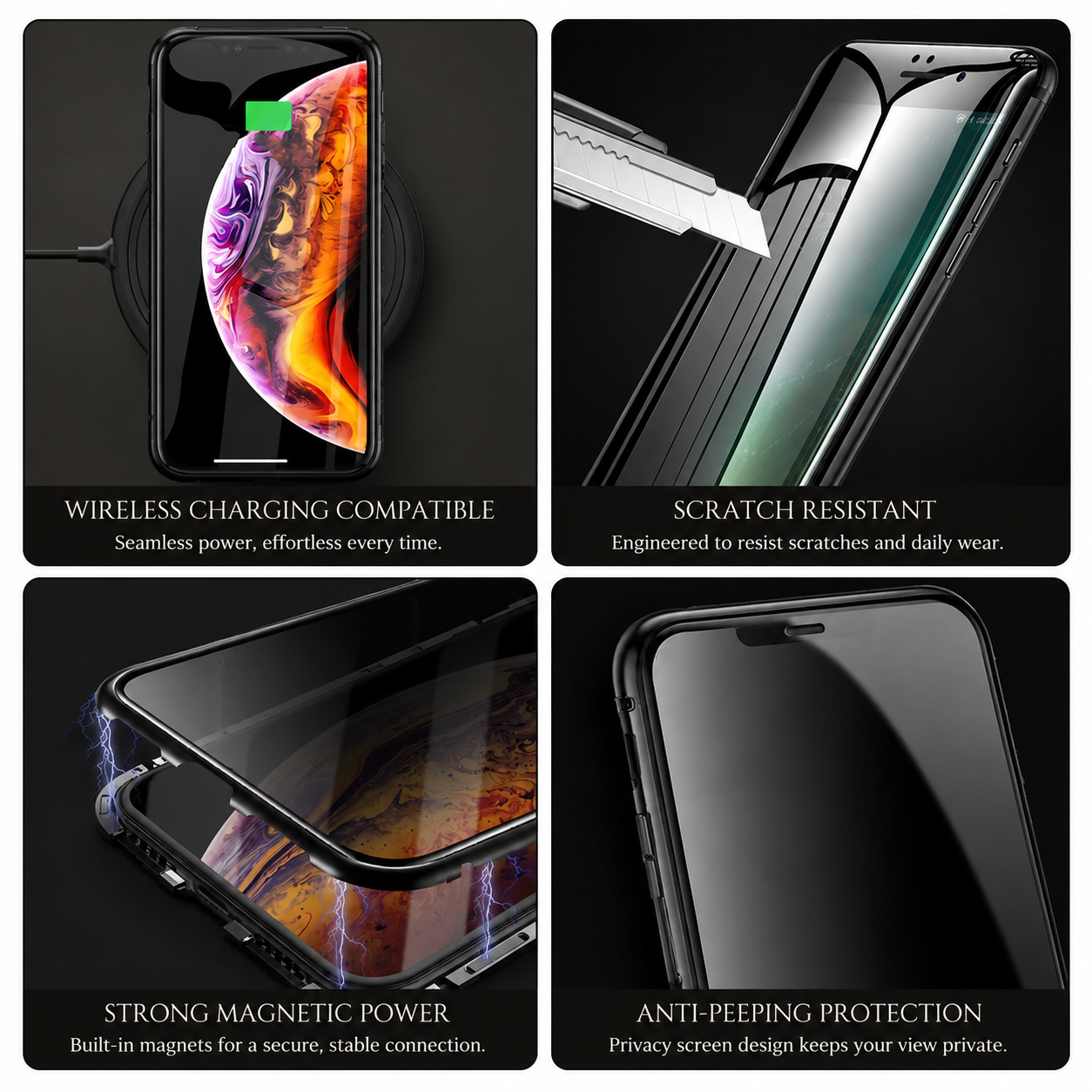 Premium iPhone Case MagSafe Compatible Privacy Screen Glass Cover 360 Full Body Magnetic Shock Absorbing Protective Camera Lens Guard Slim Design