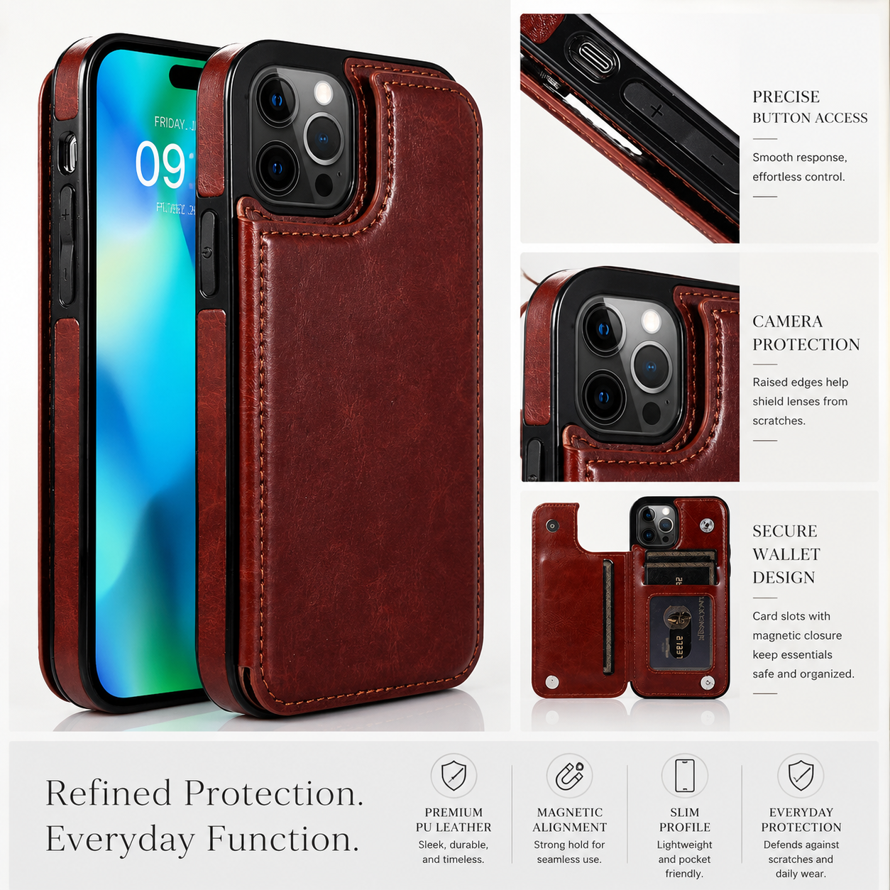 Premium iPhone Case MagSafe Compatible RFID Blocking Leather Flip Wallet Cover Card Holder Magnetic Closure Stand Shockproof Protective Design