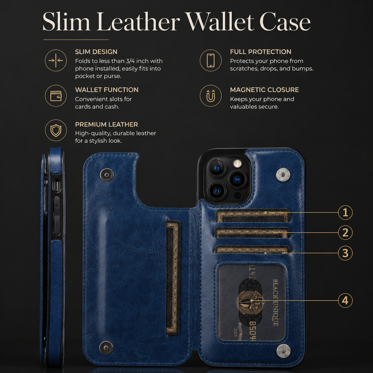 Premium iPhone Case MagSafe Compatible RFID Blocking Leather Flip Wallet Cover Card Holder Magnetic Closure Stand Shockproof Protective Design