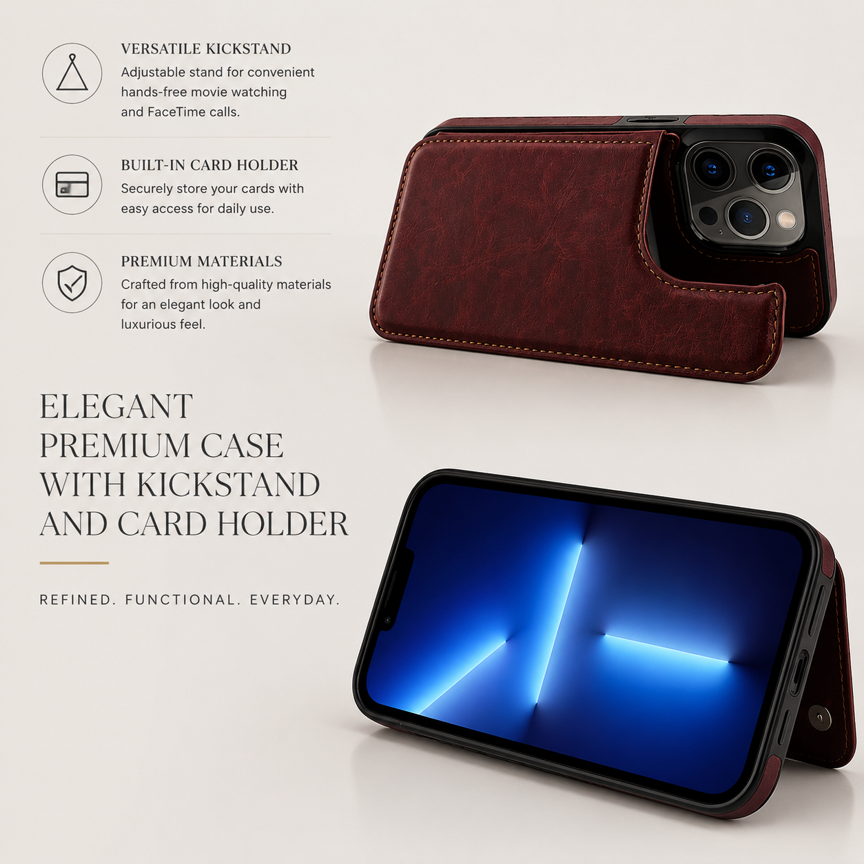 Premium iPhone Case MagSafe Compatible RFID Blocking Leather Flip Wallet Cover Card Holder Magnetic Closure Stand Shockproof Protective Design