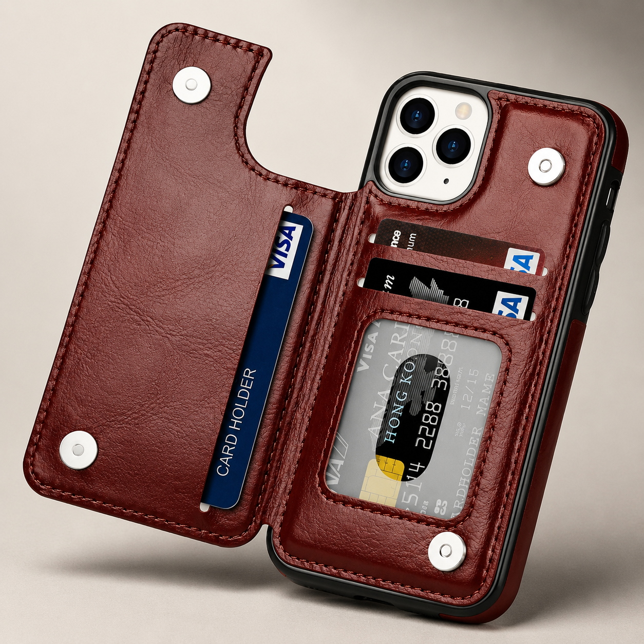 Premium iPhone Case MagSafe Compatible RFID Blocking Leather Flip Wallet Cover Card Holder Magnetic Closure Stand Shockproof Protective Design