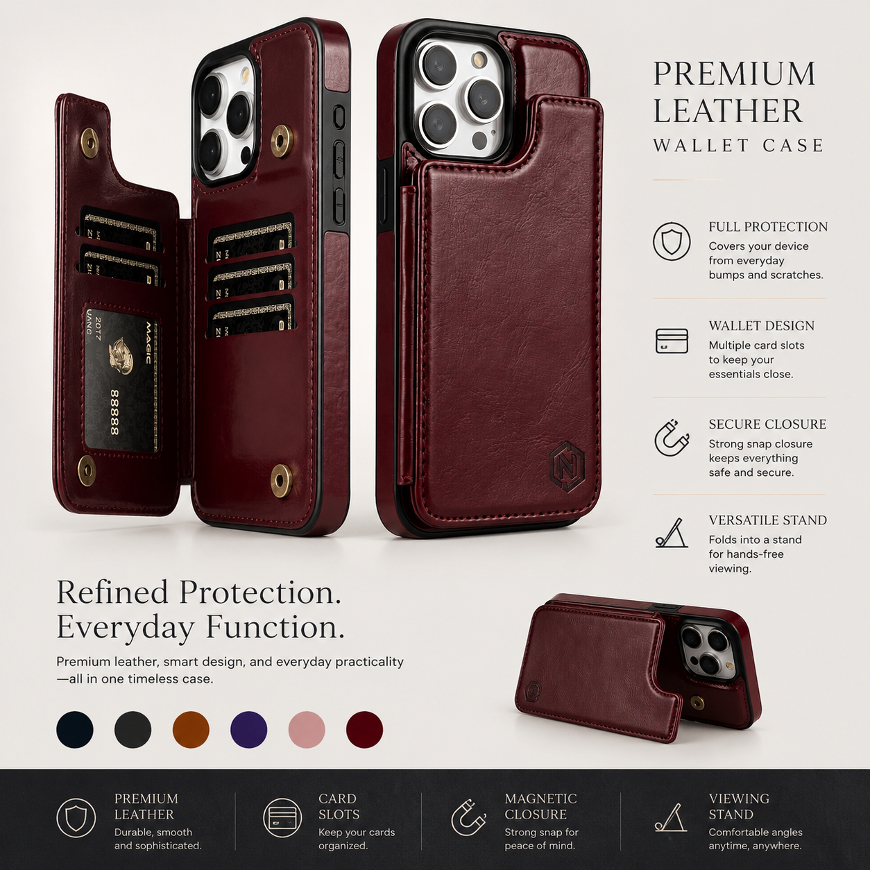 Premium iPhone Case MagSafe Compatible RFID Blocking Leather Flip Wallet Cover Card Holder Magnetic Closure Stand Shockproof Protective Design