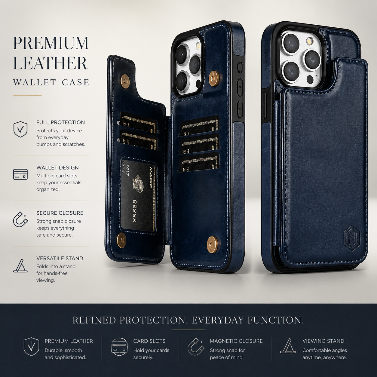 Premium iPhone Case MagSafe Compatible RFID Blocking Leather Flip Wallet Cover Card Holder Magnetic Closure Stand Shockproof Protective Design