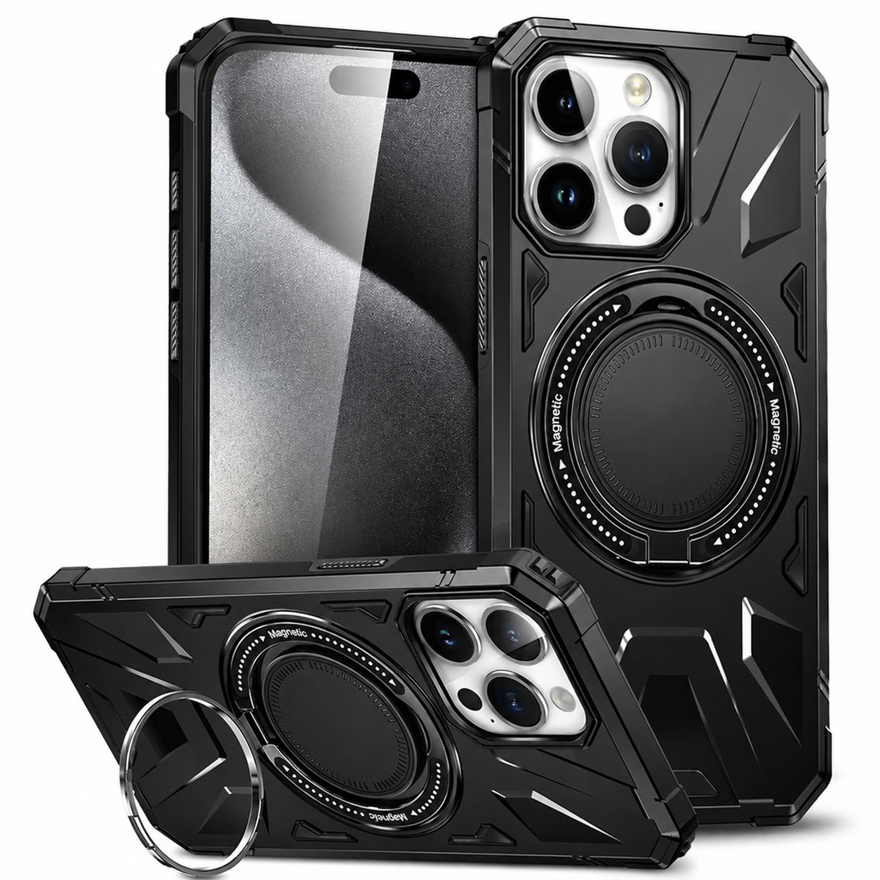 Premium iPhone Case MagSafe Compatible Rugged Armor Cover Hard PC Ring Stand Magnetic Shockproof Protective 360 Rotating Kickstand Camera Lens Guard