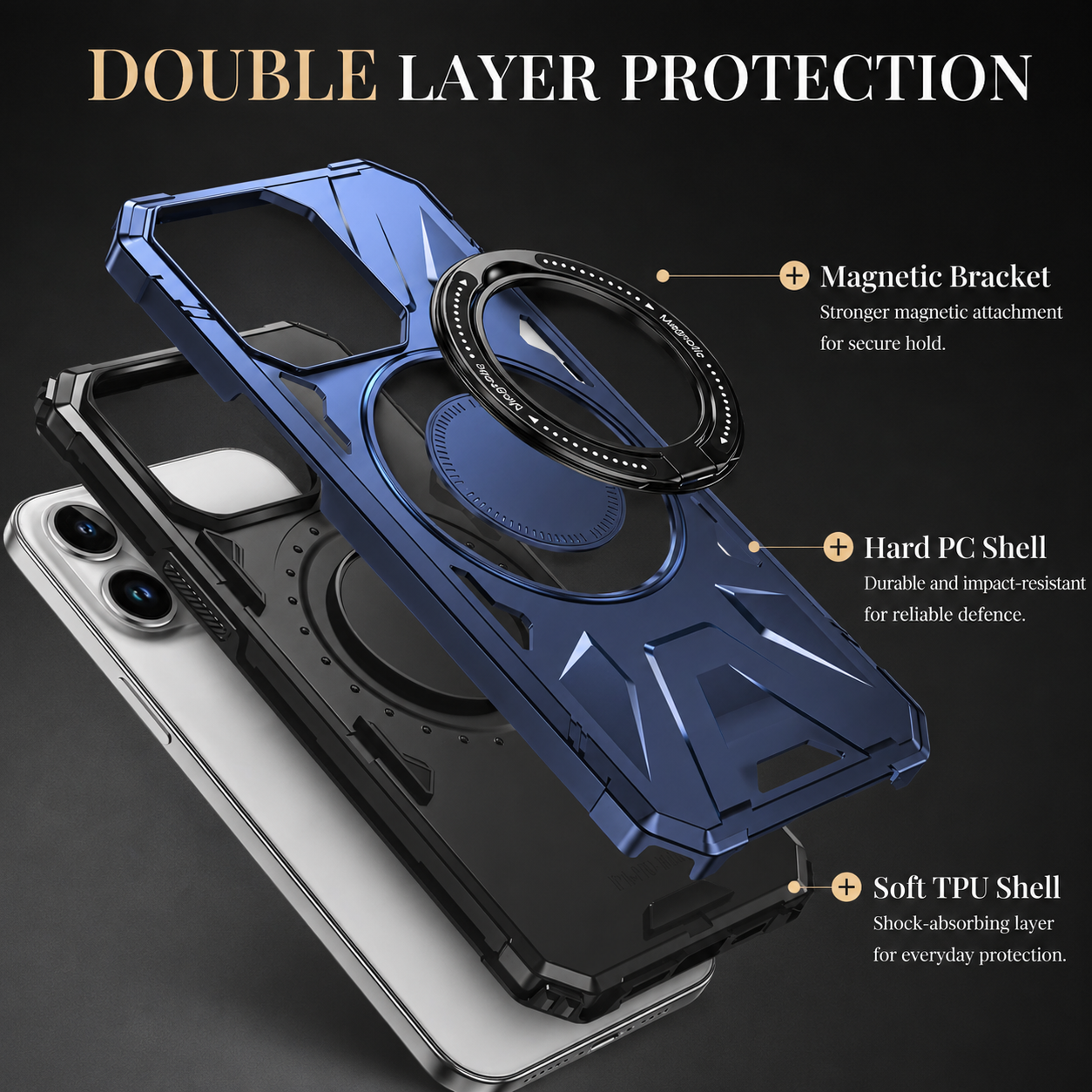 Premium iPhone Case MagSafe Compatible Rugged Armor Cover Hard PC Ring Stand Magnetic Shockproof Protective 360 Rotating Kickstand Camera Lens Guard
