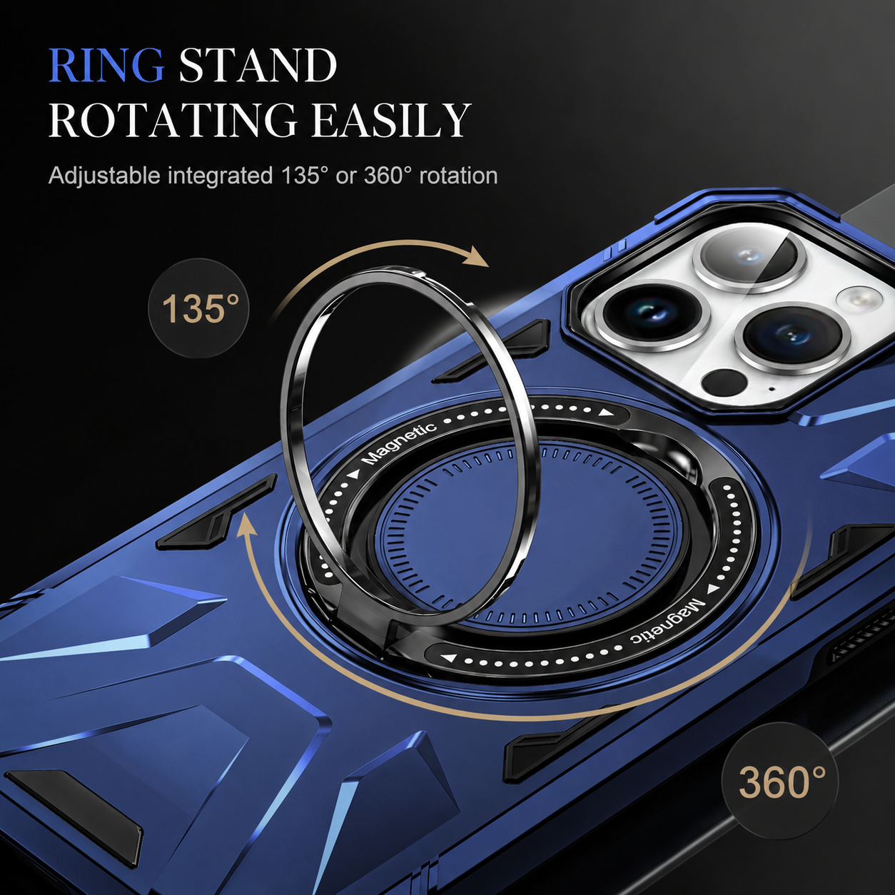 Premium iPhone Case MagSafe Compatible Rugged Armor Cover Hard PC Ring Stand Magnetic Shockproof Protective 360 Rotating Kickstand Camera Lens Guard