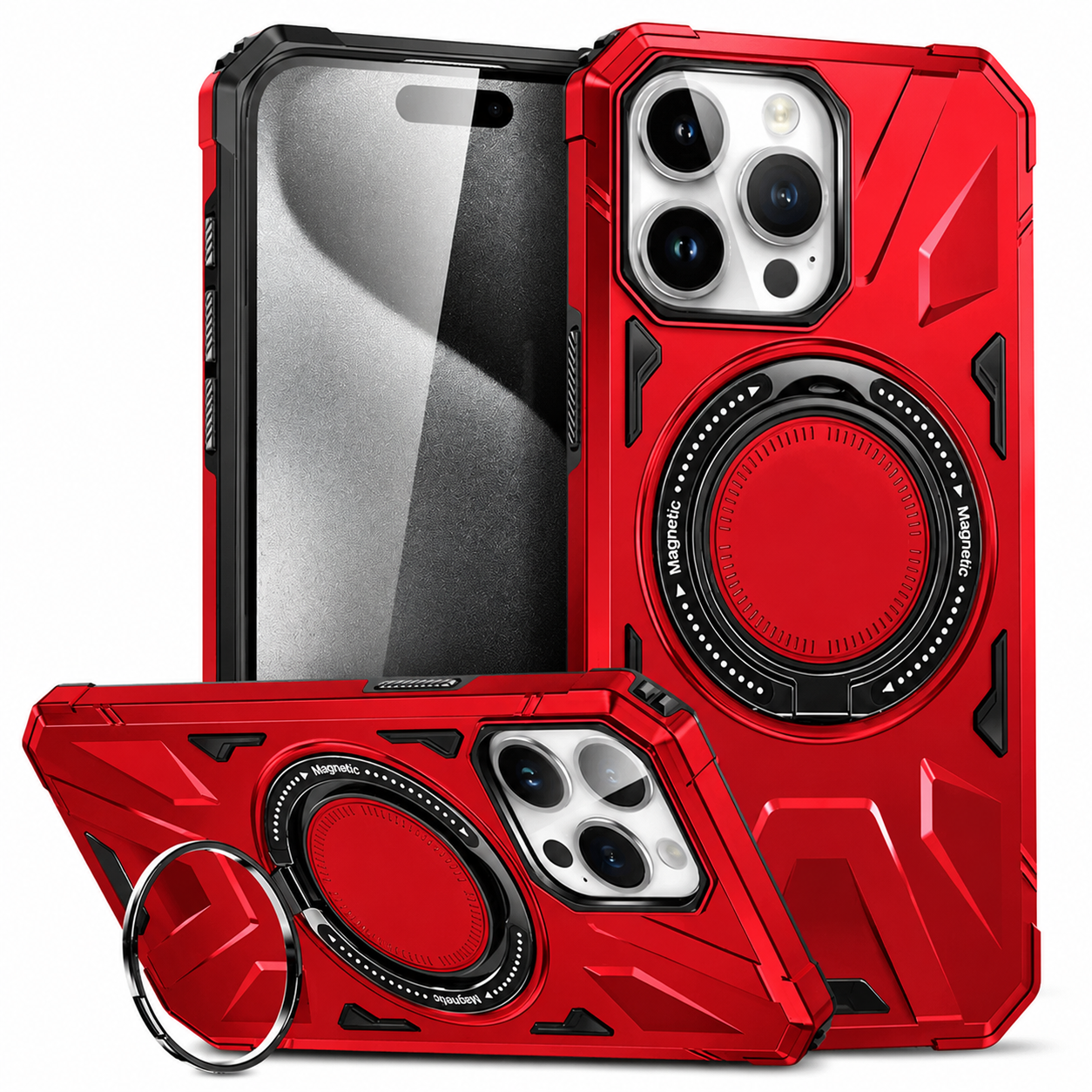 Premium iPhone Case MagSafe Compatible Rugged Armor Cover Hard PC Ring Stand Magnetic Shockproof Protective 360 Rotating Kickstand Camera Lens Guard