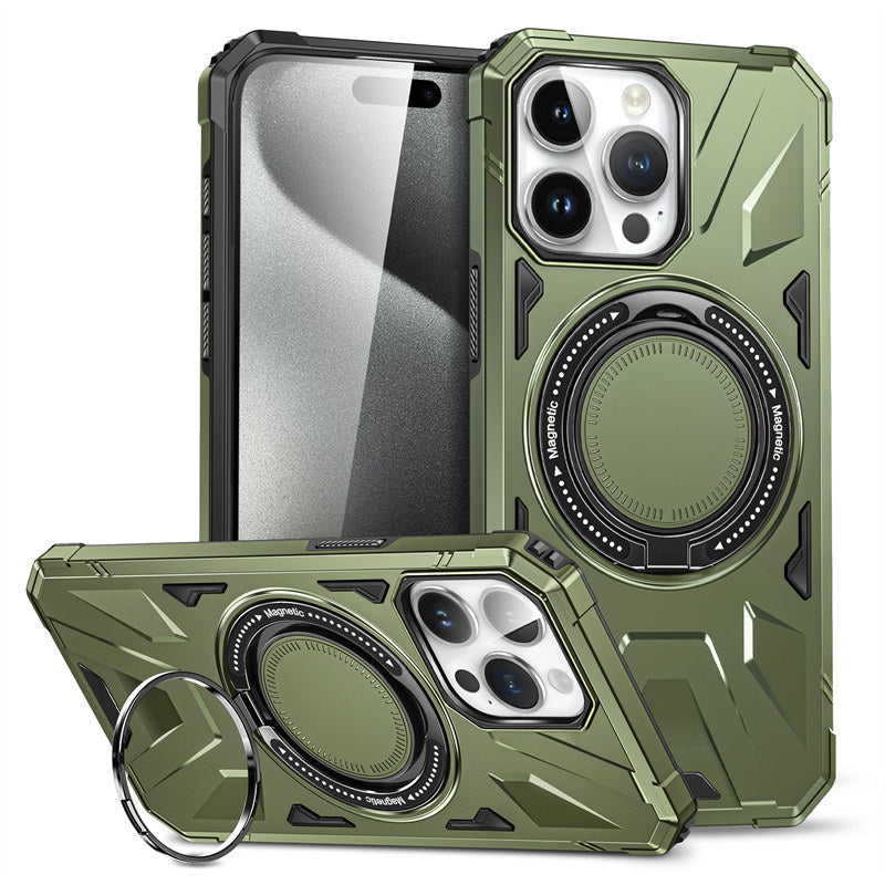 Premium iPhone Case MagSafe Compatible Rugged Armor Cover Hard PC Ring Stand Magnetic Shockproof Protective 360 Rotating Kickstand Camera Lens Guard