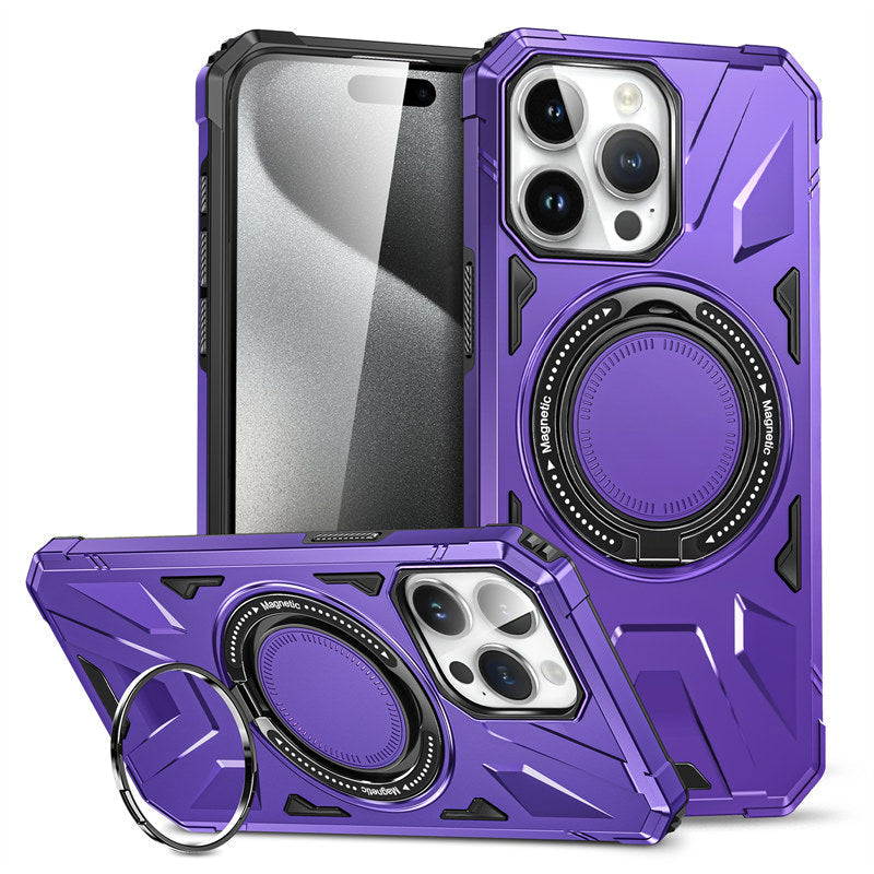 Premium iPhone Case MagSafe Compatible Rugged Armor Cover Hard PC Ring Stand Magnetic Shockproof Protective 360 Rotating Kickstand Camera Lens Guard