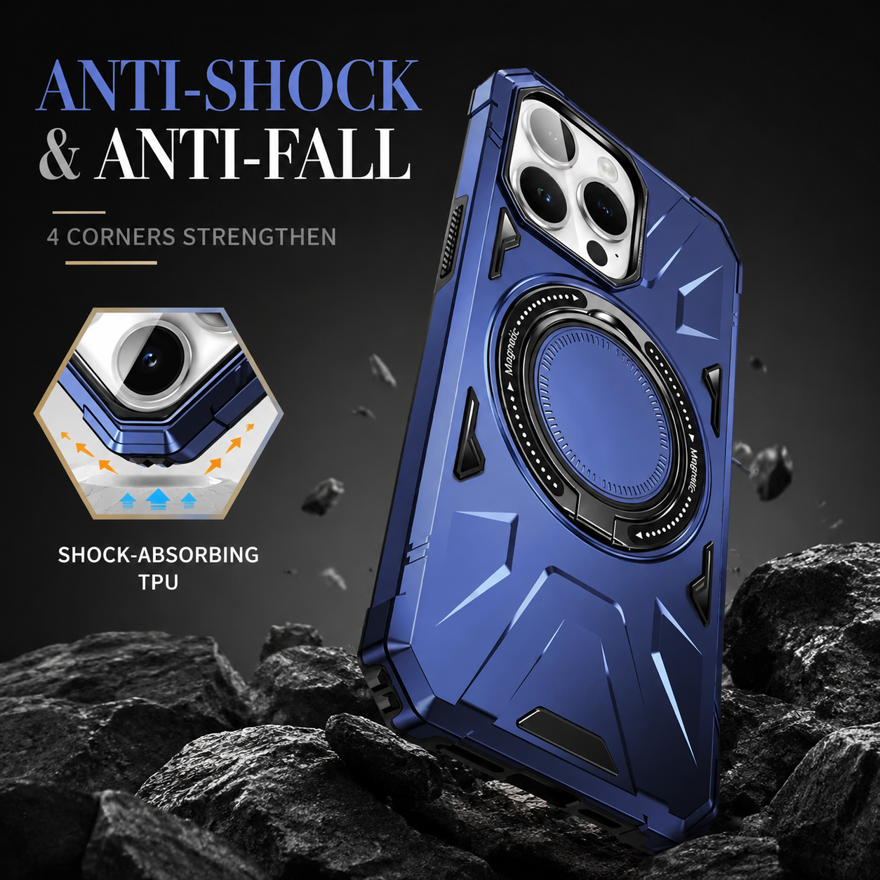 Premium iPhone Case MagSafe Compatible Rugged Armor Cover Hard PC Ring Stand Magnetic Shockproof Protective 360 Rotating Kickstand Camera Lens Guard