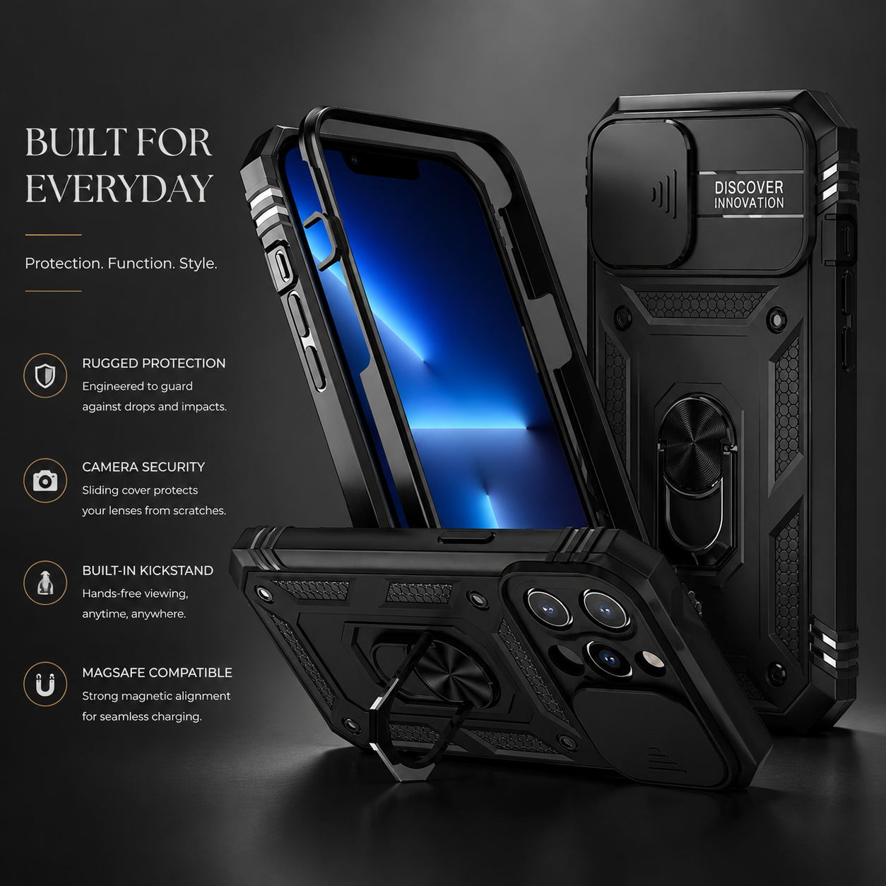 Premium iPhone Case MagSafe Compatible Rugged Armor Cover Kickstand Card Holder Magnetic Shockproof Heavy Duty Protective Camera Guard 360 Design