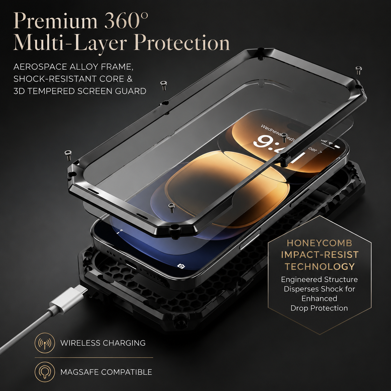 Premium iPhone Case MagSafe Compatible Rugged Armor Metal Hybrid Cover Full Body Shockproof Camera Protector Tempered Glass Waterproof Design