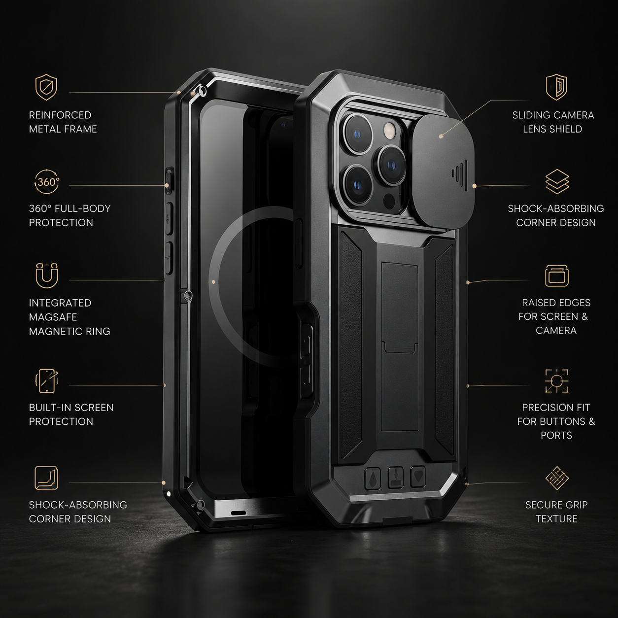 Premium iPhone Case MagSafe Compatible Rugged Armor Metal Hybrid Cover Full Body Shockproof Camera Protector Tempered Glass Waterproof Design