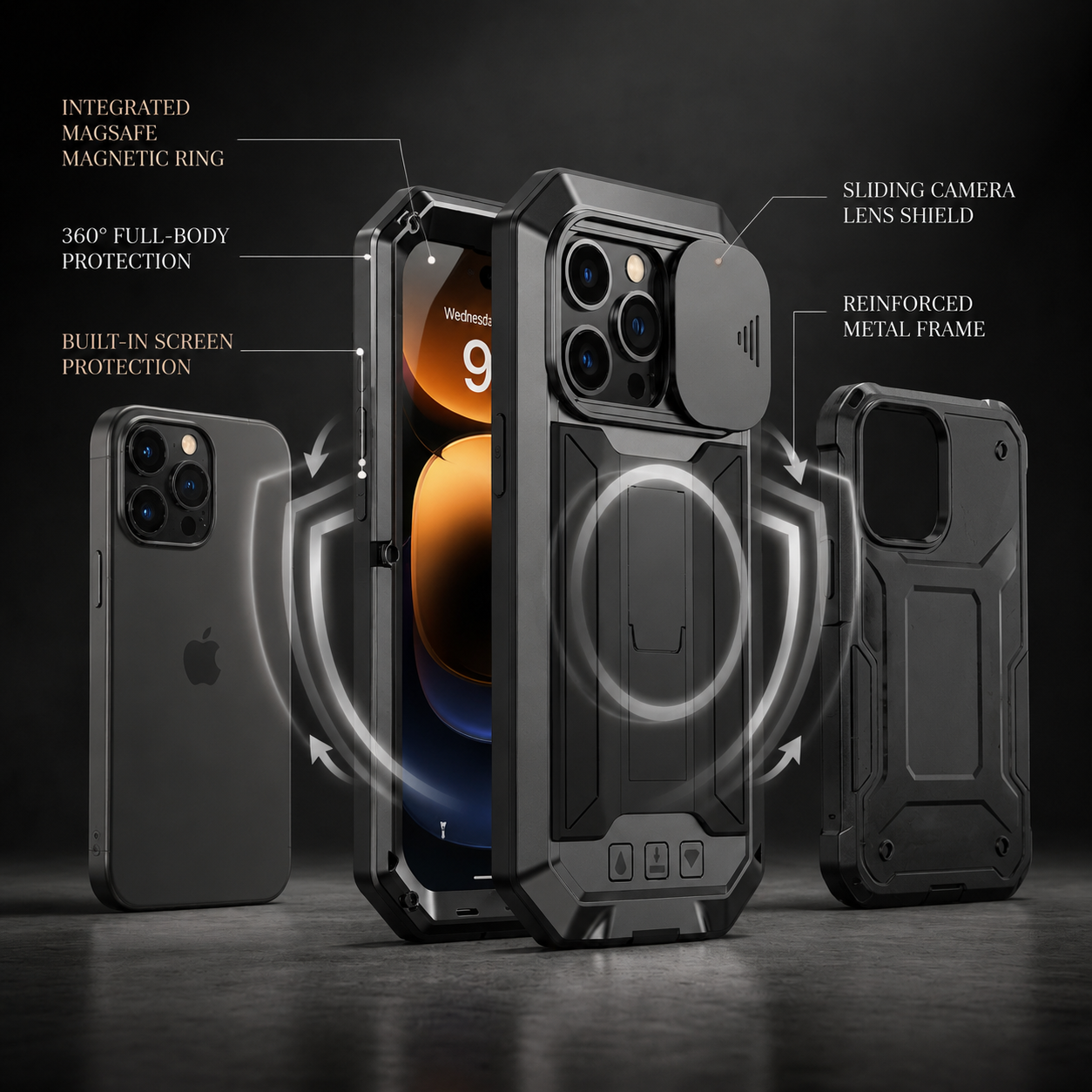Premium iPhone Case MagSafe Compatible Rugged Armor Metal Hybrid Cover Full Body Shockproof Camera Protector Tempered Glass Waterproof Design
