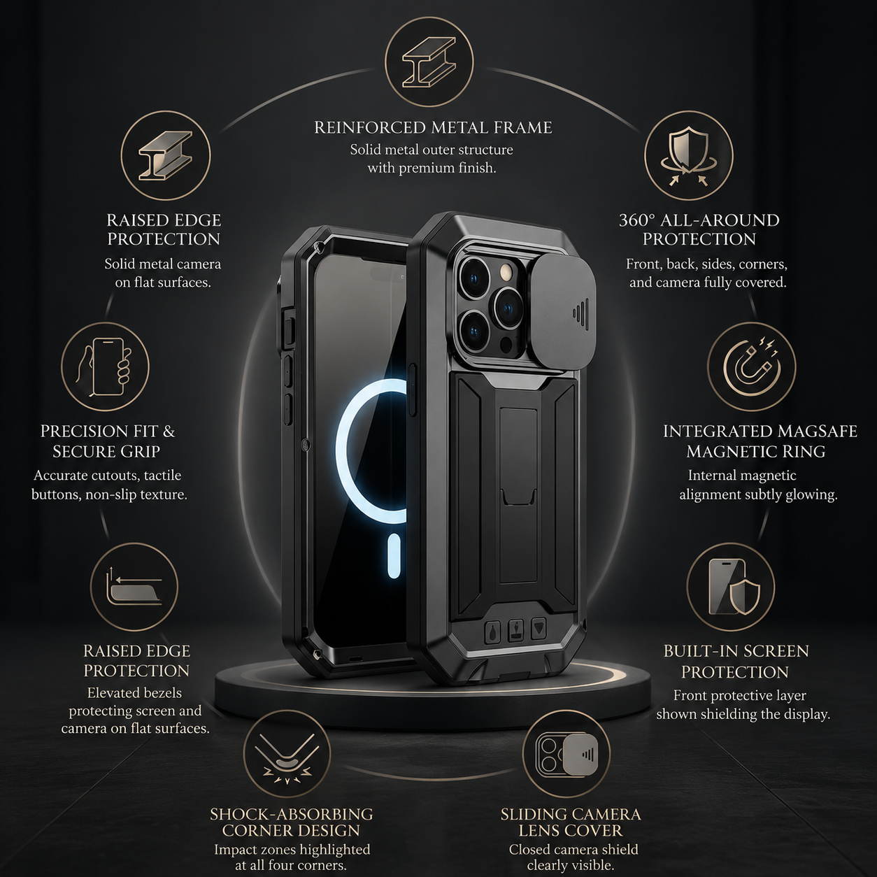 Premium iPhone Case MagSafe Compatible Rugged Armor Metal Hybrid Cover Full Body Shockproof Camera Protector Tempered Glass Waterproof Design