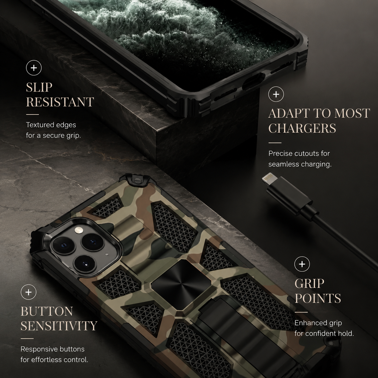 Premium iPhone Case MagSafe Compatible Rugged Camouflage Armor Cover Kickstand Magnetic Shockproof Heavy Duty Camera Lens Guard Full Coverage Design