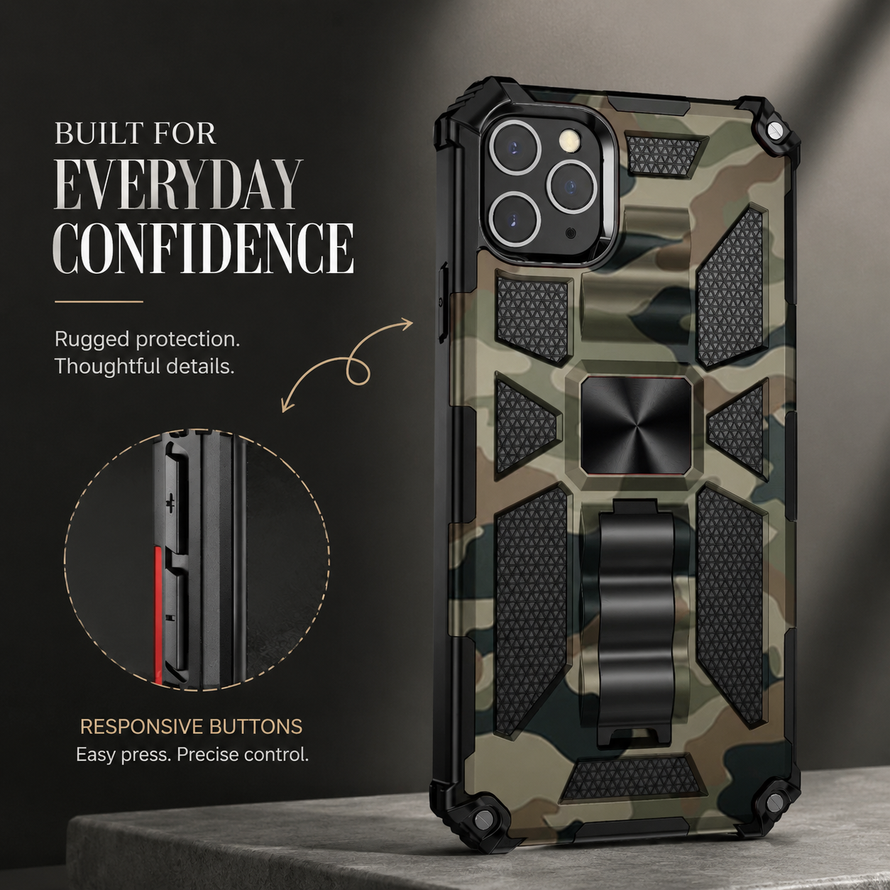 Premium iPhone Case MagSafe Compatible Rugged Camouflage Armor Cover Kickstand Magnetic Shockproof Heavy Duty Camera Lens Guard Full Coverage Design