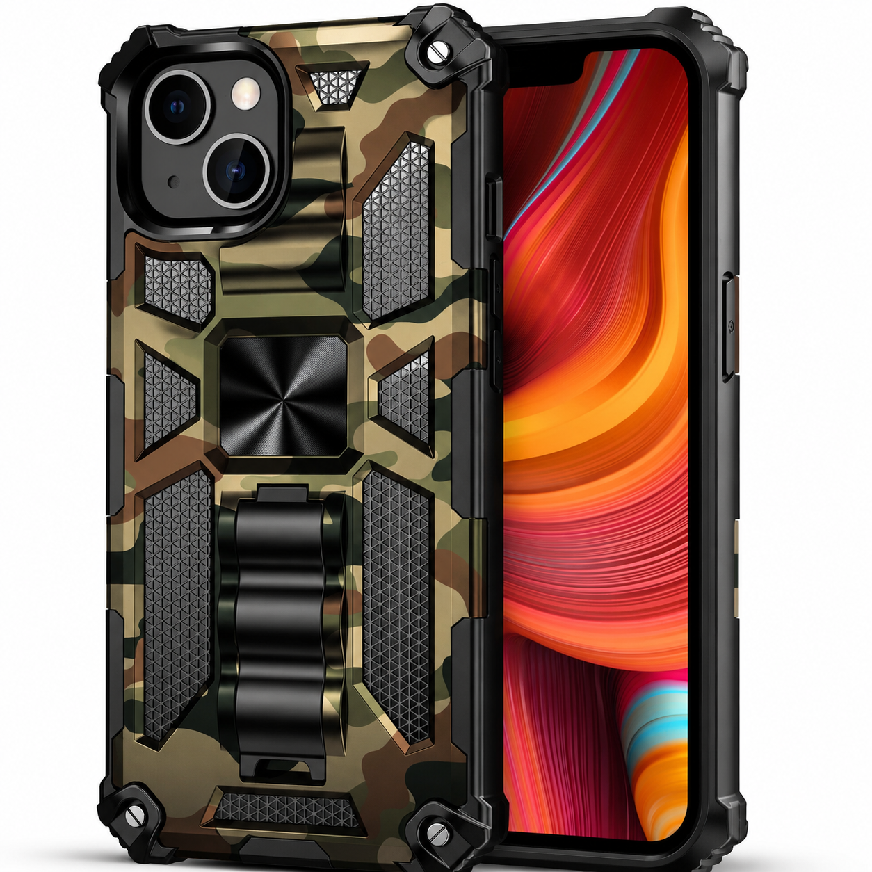 Premium iPhone Case MagSafe Compatible Rugged Camouflage Armor Cover Kickstand Magnetic Shockproof Heavy Duty Camera Lens Guard Full Coverage Design