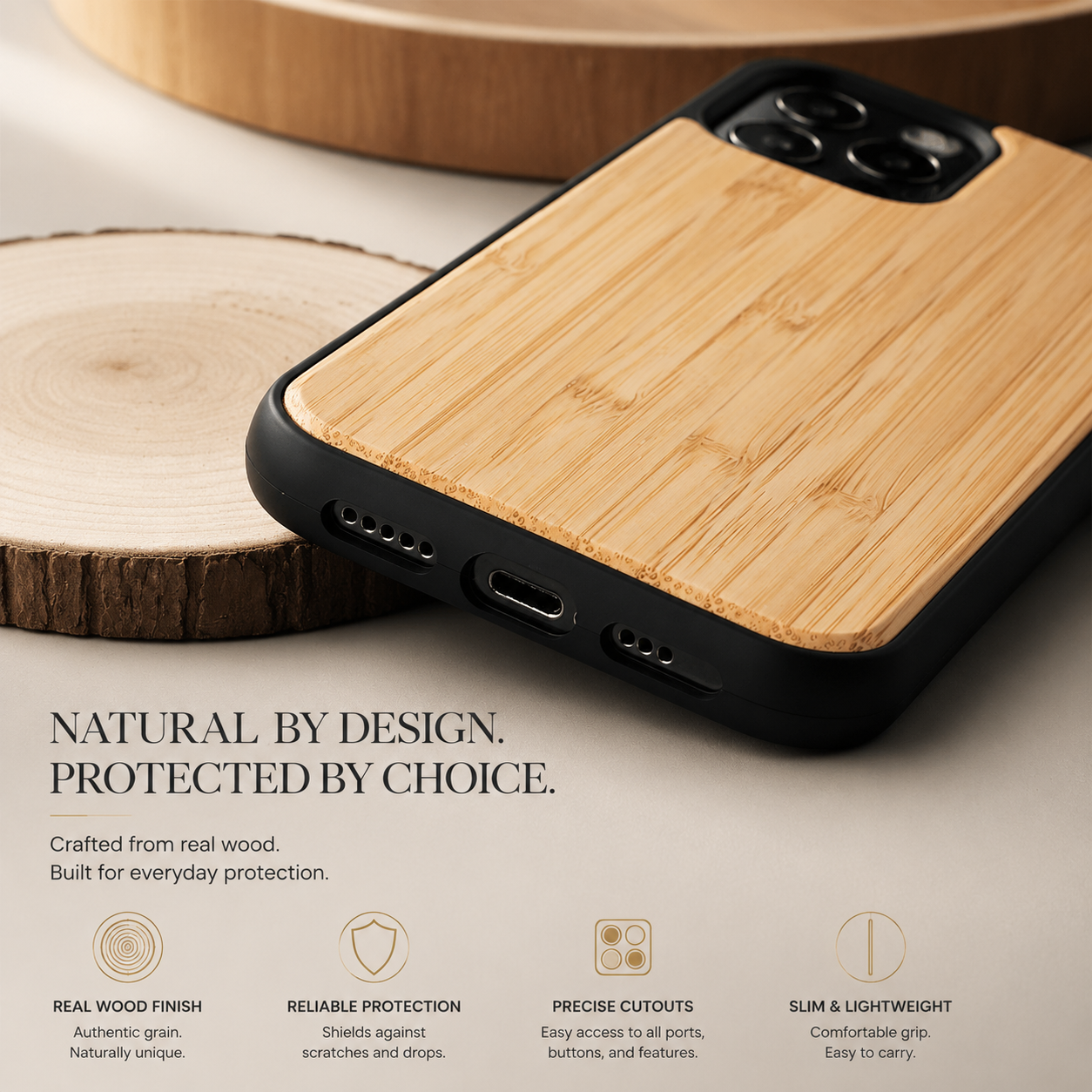Premium iPhone Case MagSafe Compatible Solid Bamboo Wood Hard Back Cover Shockproof Protective Slim Camera Lens Protection Natural Grain Design