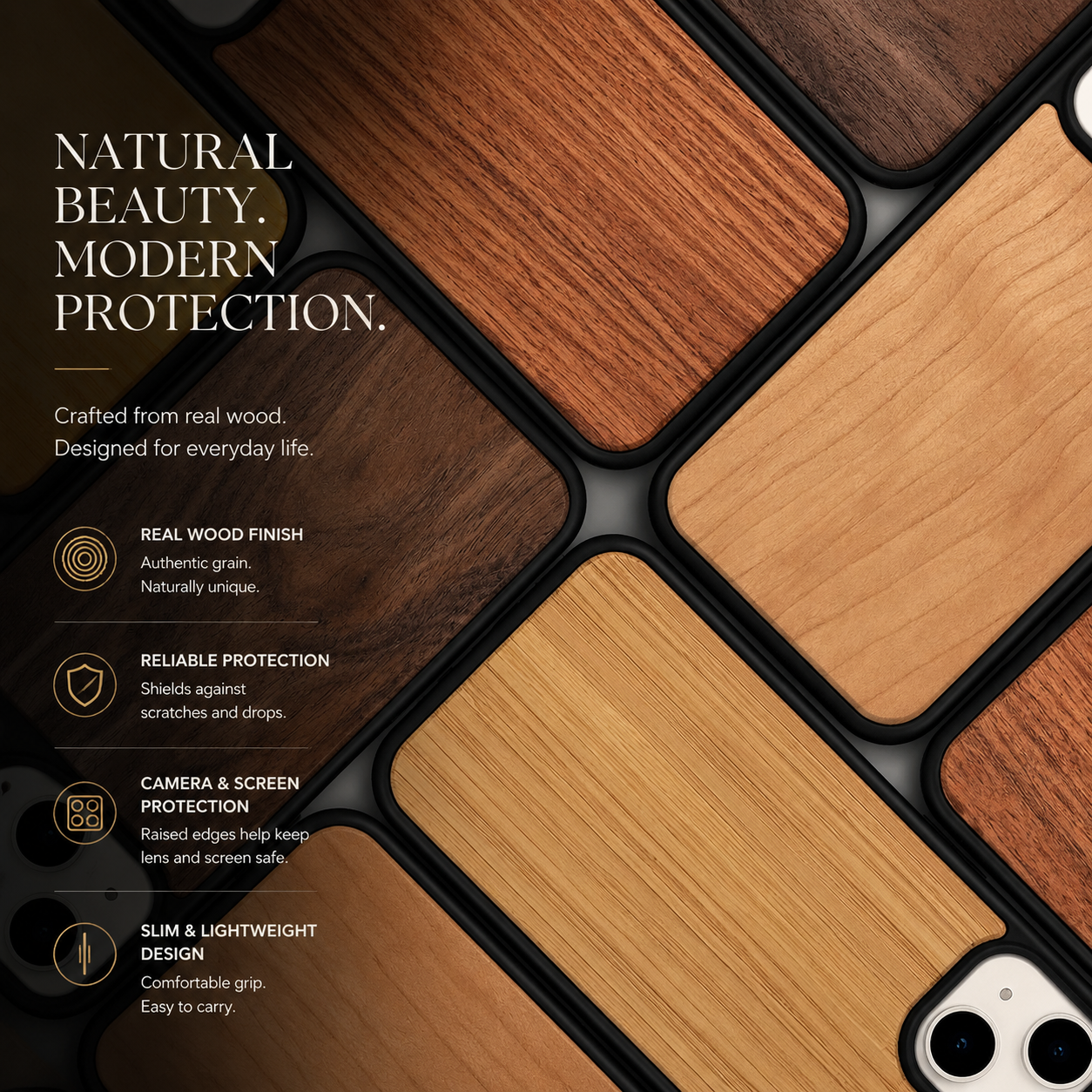 Premium iPhone Case MagSafe Compatible Solid Bamboo Wood Hard Back Cover Shockproof Protective Slim Camera Lens Protection Natural Grain Design