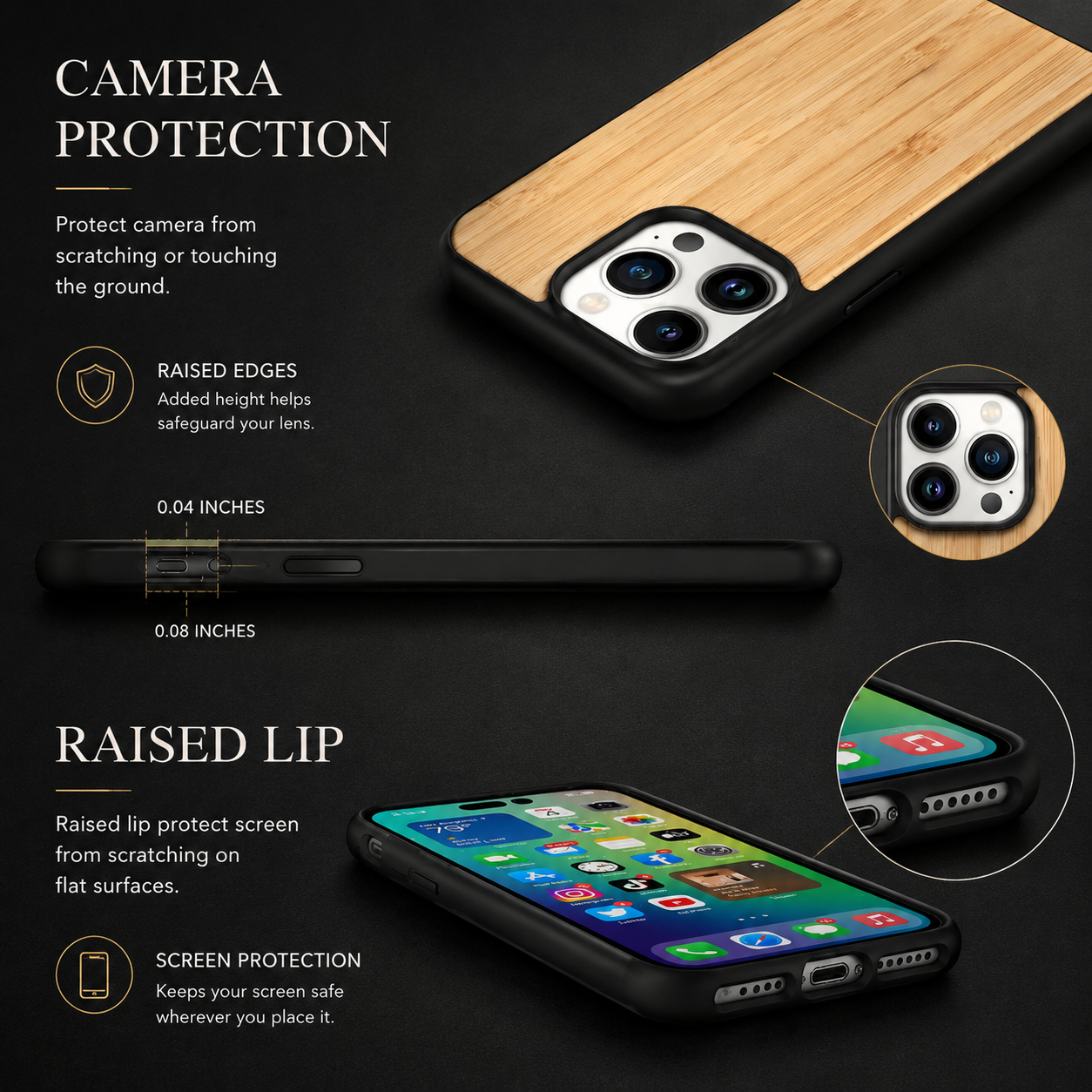 Premium iPhone Case MagSafe Compatible Solid Bamboo Wood Hard Back Cover Shockproof Protective Slim Camera Lens Protection Natural Grain Design