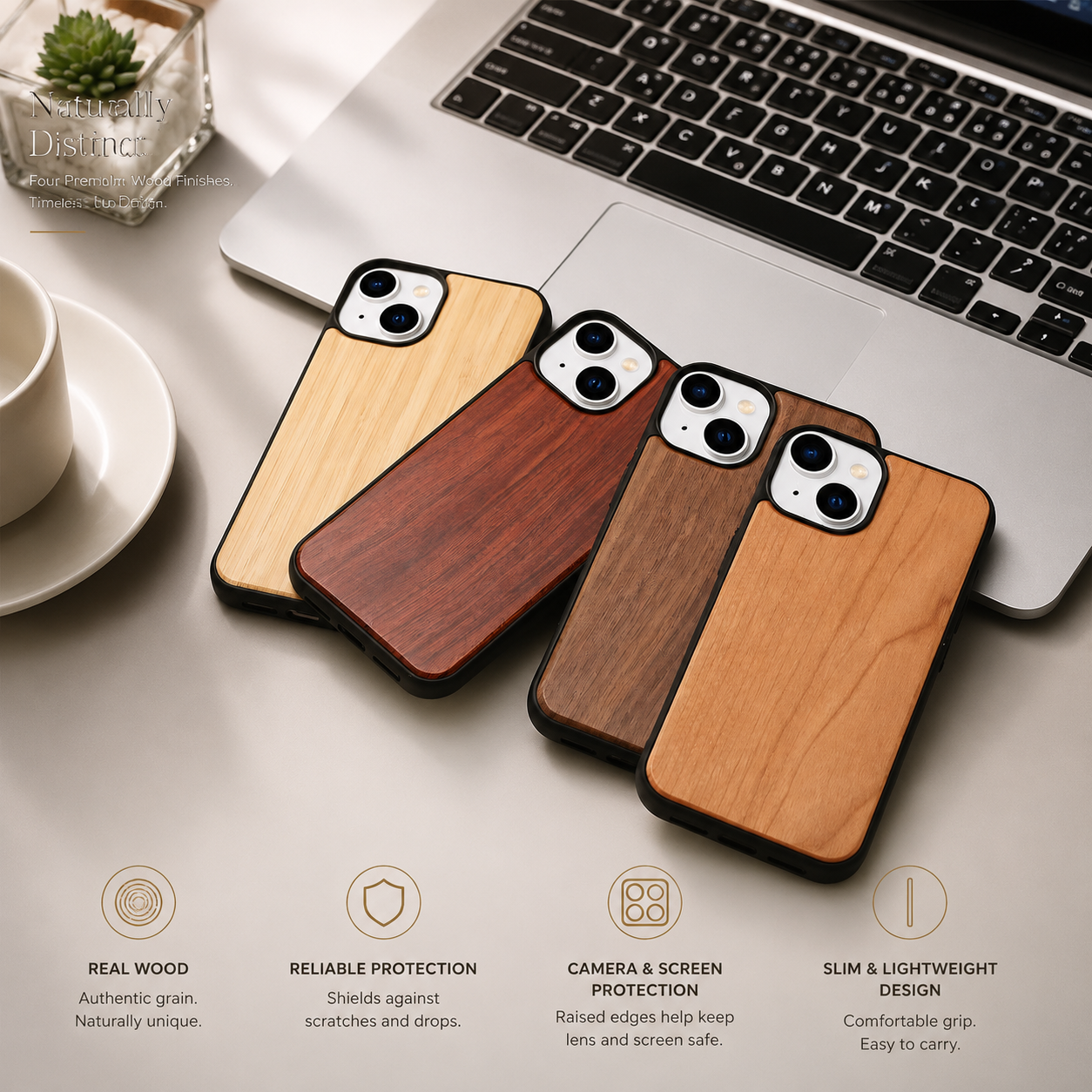 Premium iPhone Case MagSafe Compatible Solid Bamboo Wood Hard Back Cover Shockproof Protective Slim Camera Lens Protection Natural Grain Design
