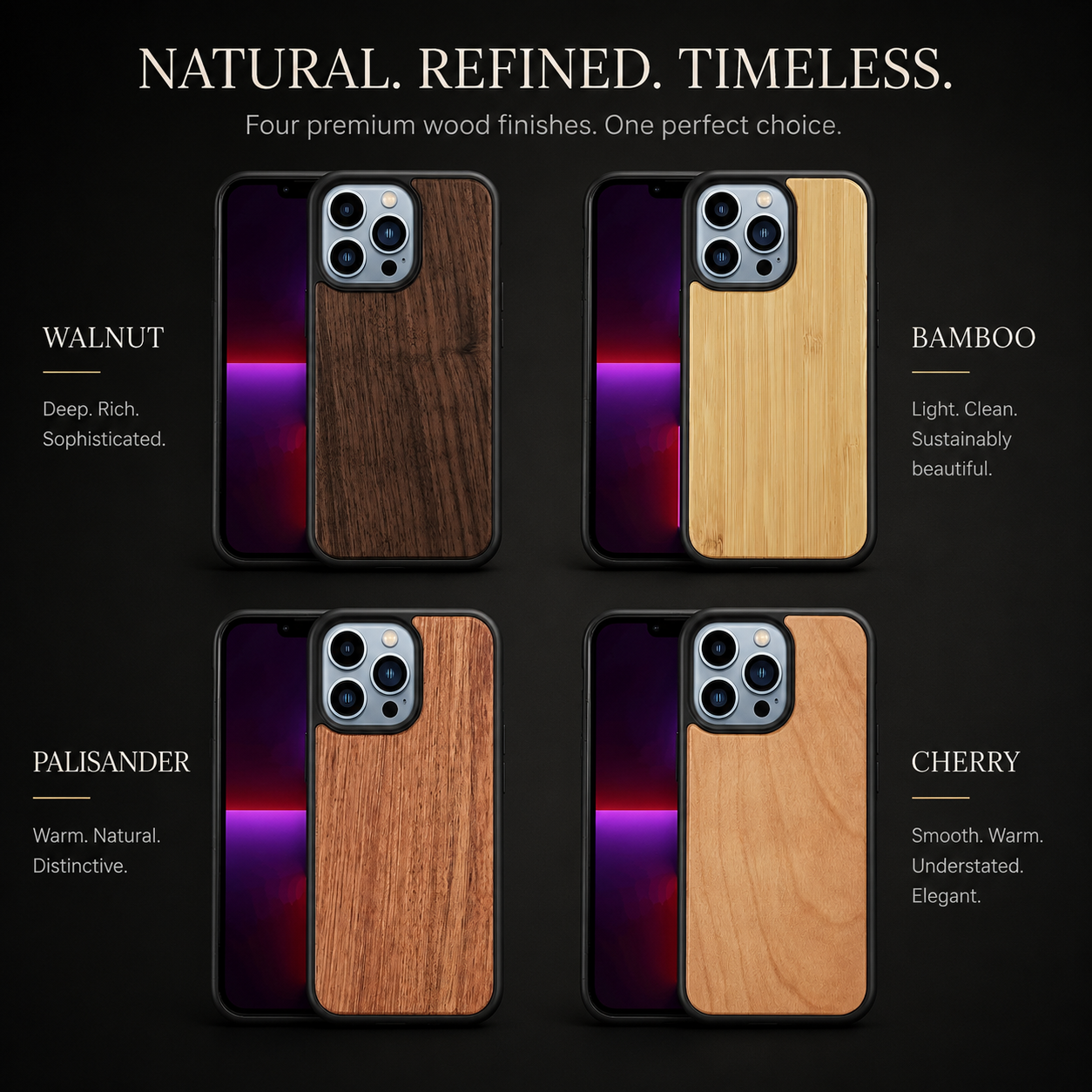 Premium iPhone Case MagSafe Compatible Solid Bamboo Wood Hard Back Cover Shockproof Protective Slim Camera Lens Protection Natural Grain Design