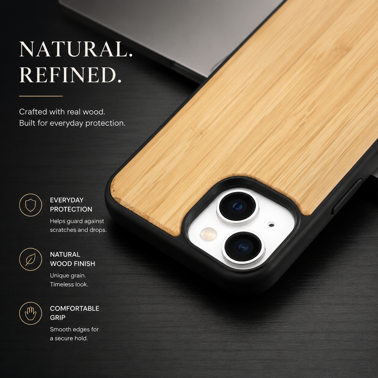 Premium iPhone Case MagSafe Compatible Solid Bamboo Wood Hard Back Cover Shockproof Protective Slim Camera Lens Protection Natural Grain Design