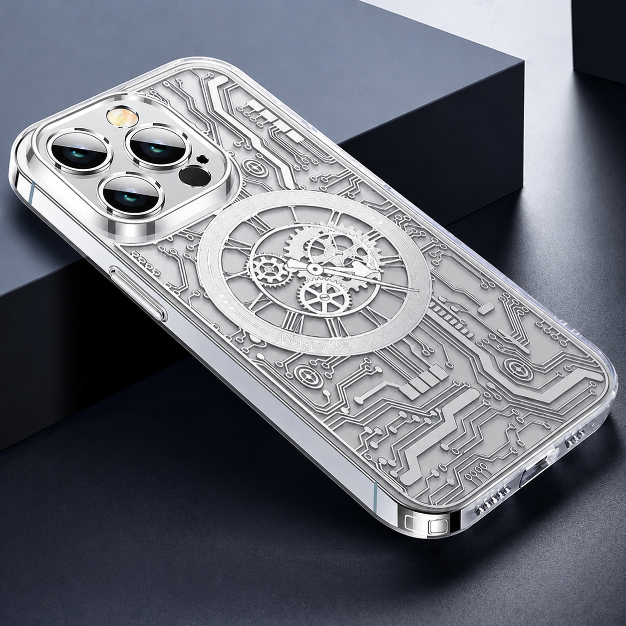 Premium iPhone Case MagSafe Compatible Transparent Clear Back Mechanical Texture Shockproof Bumper Frame Camera Lens Protection Slim Design