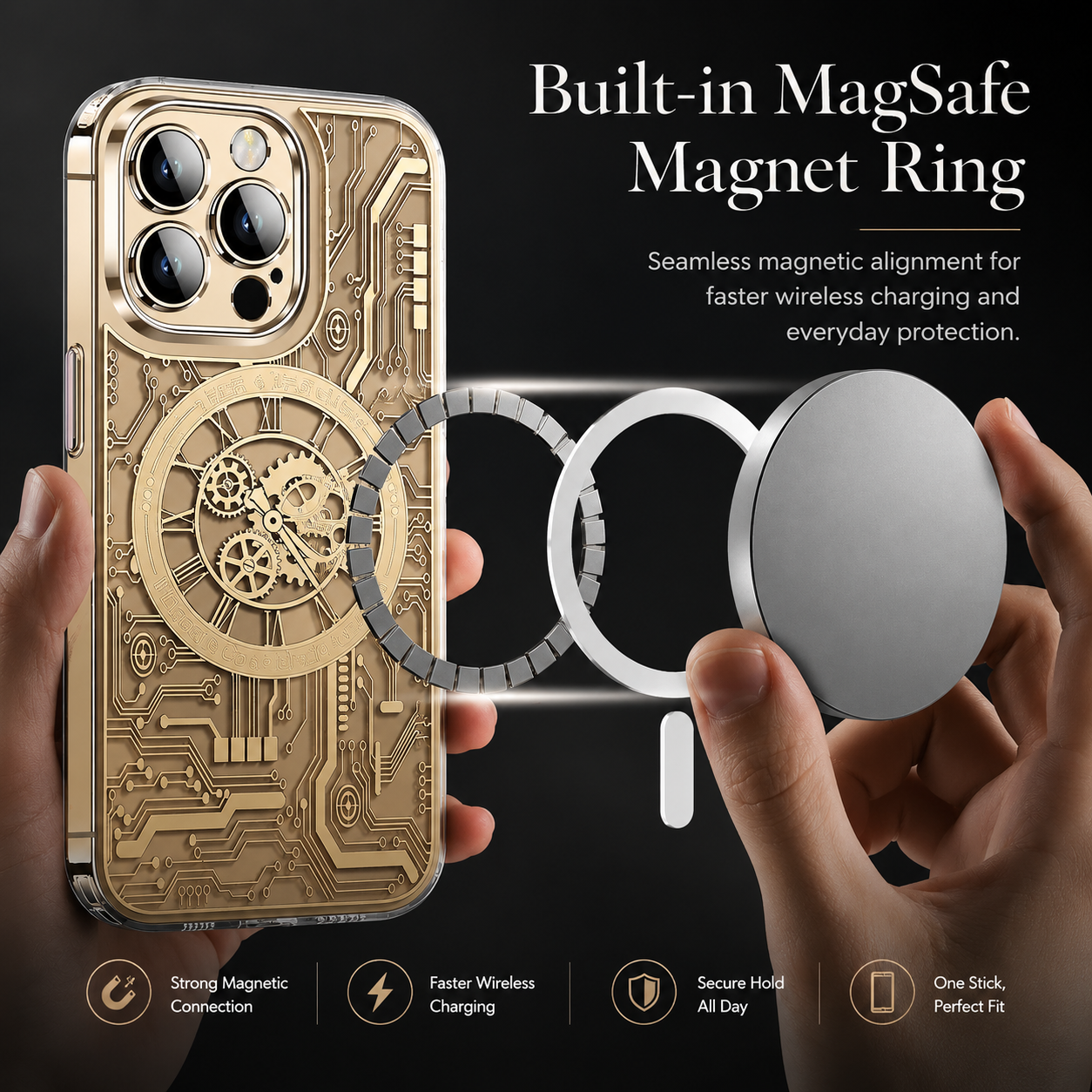 Premium iPhone Case MagSafe Compatible Transparent Clear Back Mechanical Texture Shockproof Bumper Frame Camera Lens Protection Slim Design