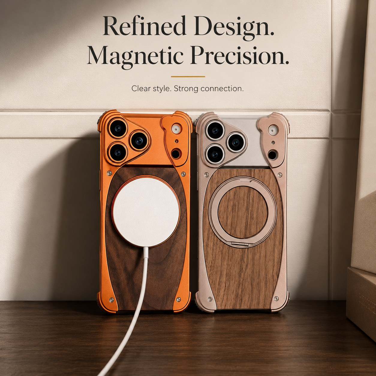 Premium iPhone Case MagSafe Compatible Walnut Wood Metal Frame Magnetic Rotating Ring Stand Shockproof Protective Cover Luxury Half Wrapped Design
