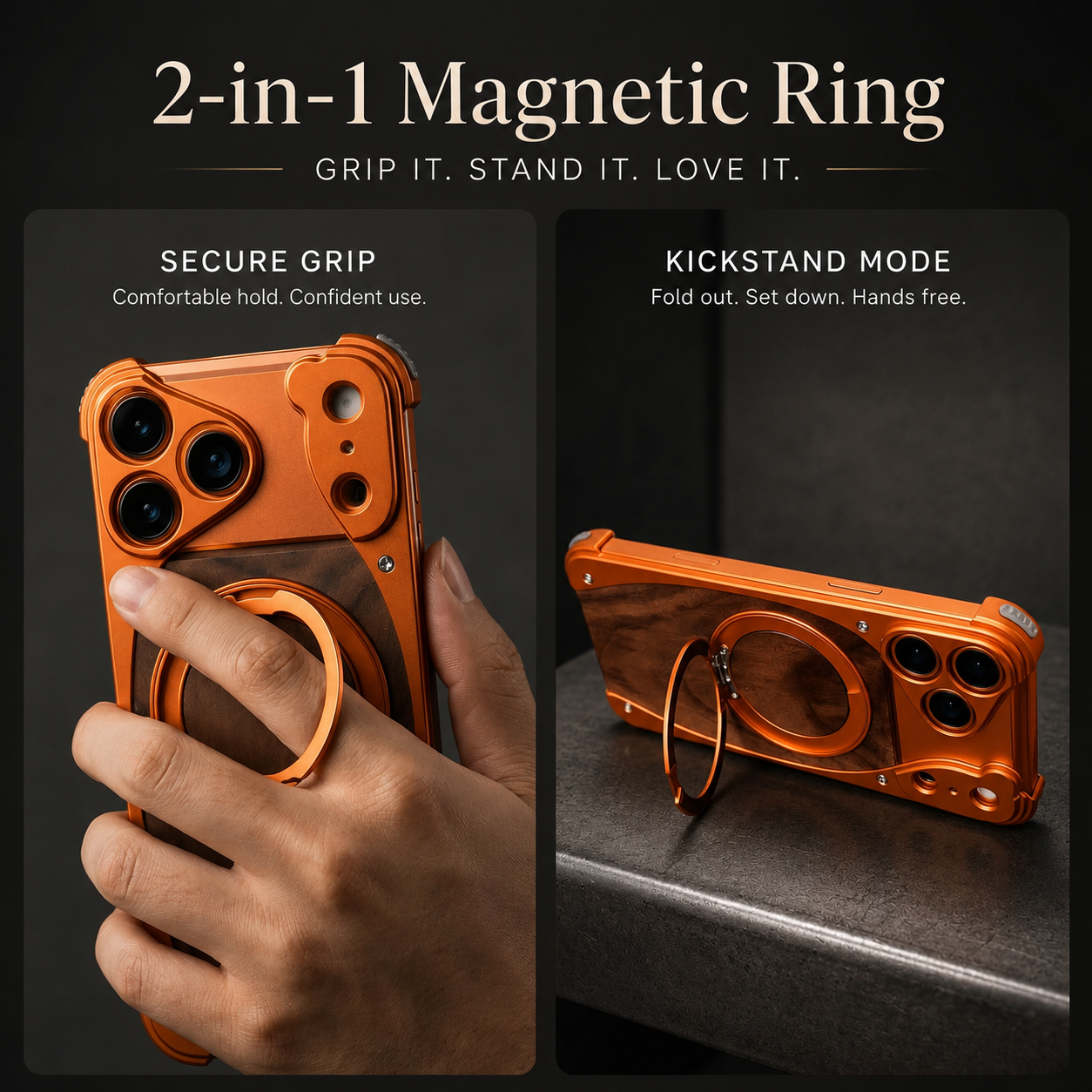 Premium iPhone Case MagSafe Compatible Walnut Wood Metal Frame Magnetic Rotating Ring Stand Shockproof Protective Cover Luxury Half Wrapped Design