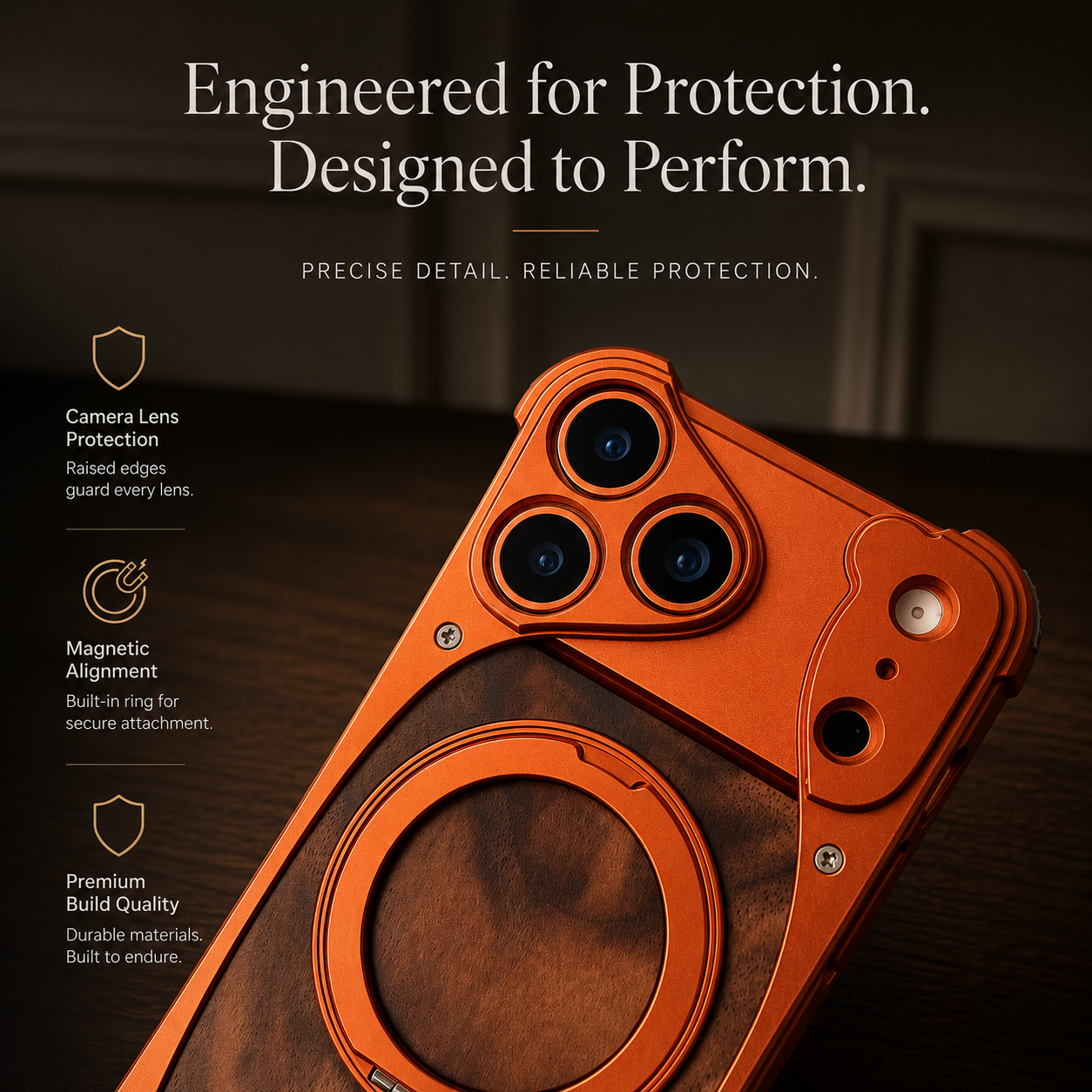 Premium iPhone Case MagSafe Compatible Walnut Wood Metal Frame Magnetic Rotating Ring Stand Shockproof Protective Cover Luxury Half Wrapped Design