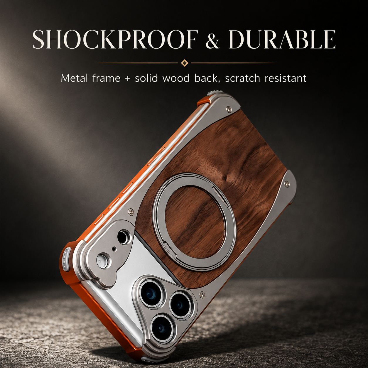 Premium iPhone Case MagSafe Compatible Walnut Wood Metal Frame Magnetic Rotating Ring Stand Shockproof Protective Cover Luxury Half Wrapped Design