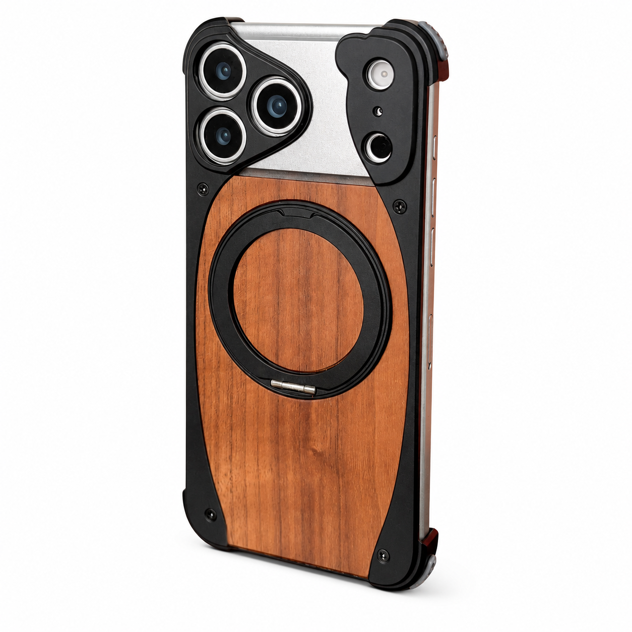 Premium iPhone Case MagSafe Compatible Walnut Wood Metal Frame Magnetic Rotating Ring Stand Shockproof Protective Cover Luxury Half Wrapped Design