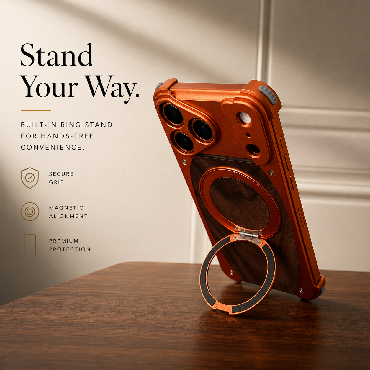 Premium iPhone Case MagSafe Compatible Walnut Wood Metal Frame Magnetic Rotating Ring Stand Shockproof Protective Cover Luxury Half Wrapped Design