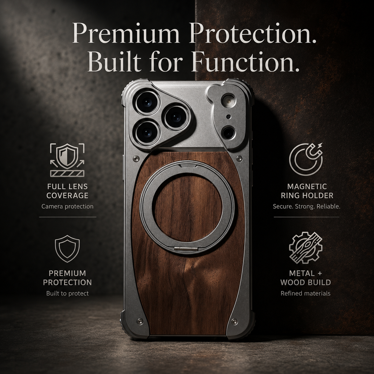 Premium iPhone Case MagSafe Compatible Walnut Wood Metal Frame Magnetic Rotating Ring Stand Shockproof Protective Cover Luxury Half Wrapped Design