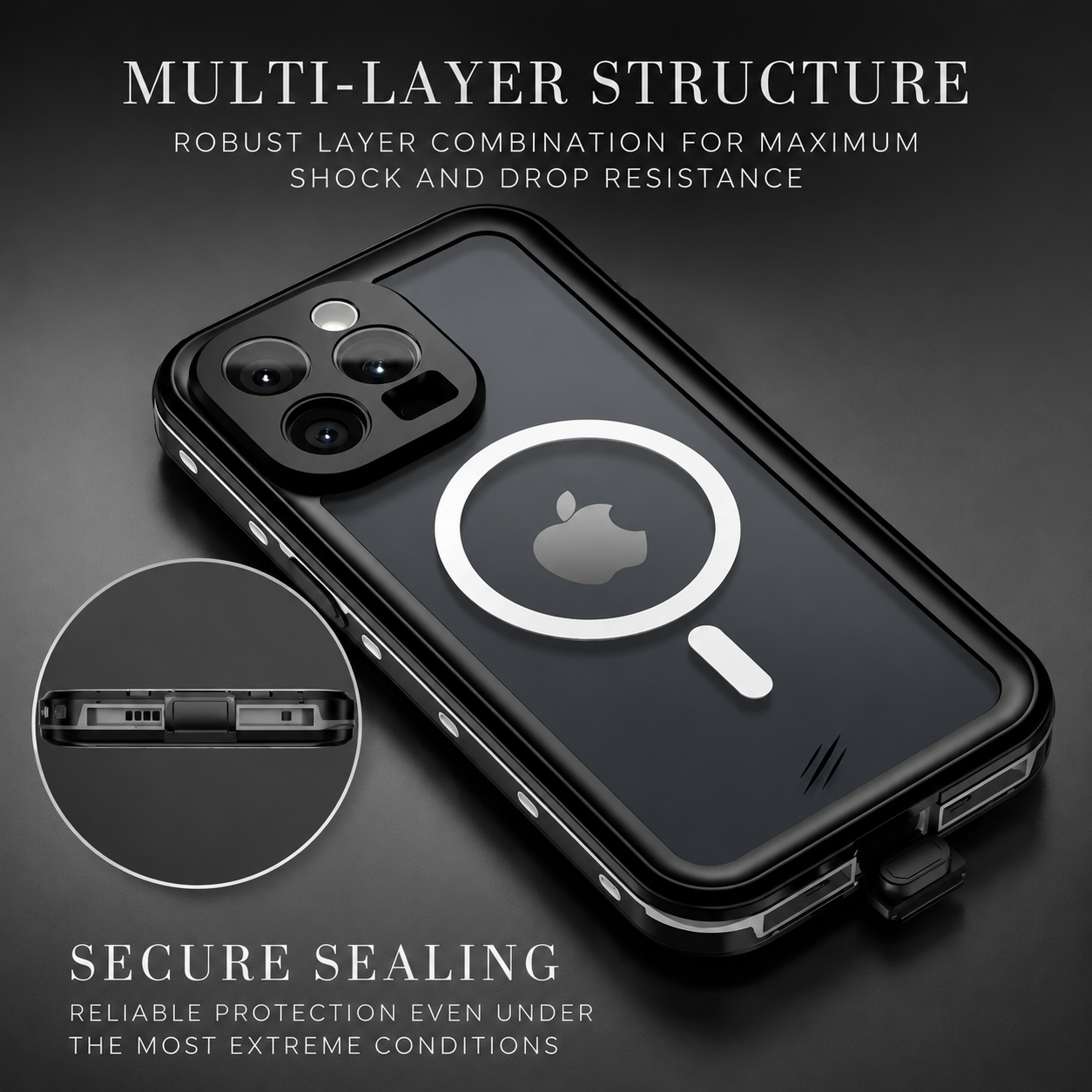 Premium iPhone Case MagSafe Compatible Waterproof Sealed Armor Cover IP68 Shockproof 360 Full Body Protective Camera Lens Guard Dustproof Slim Design