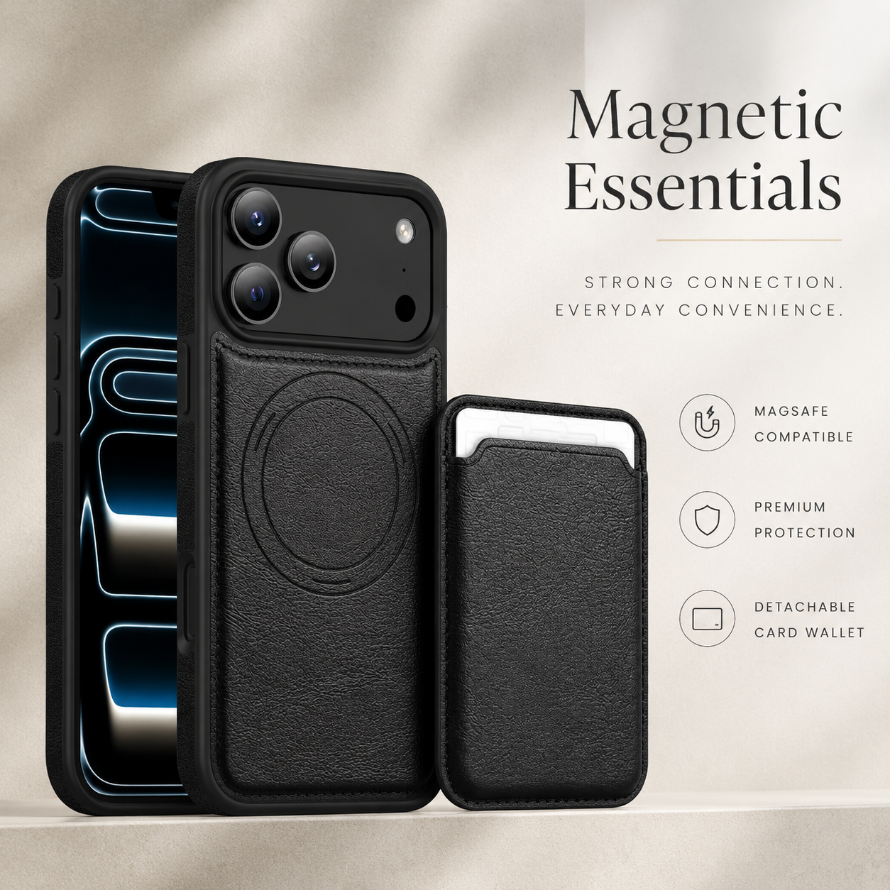 Premium iPhone Case Magnetic 2-in-1 Leather Card Holder Cover Dual Layer Shockproof Wireless Charging Anti Fingerprint Non Slip Slim Protective Design