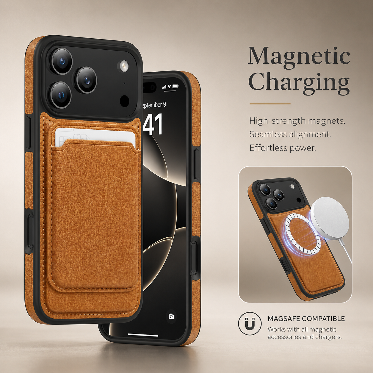 Premium iPhone Case Magnetic 2-in-1 Leather Card Holder Cover Dual Layer Shockproof Wireless Charging Anti Fingerprint Non Slip Slim Protective Design