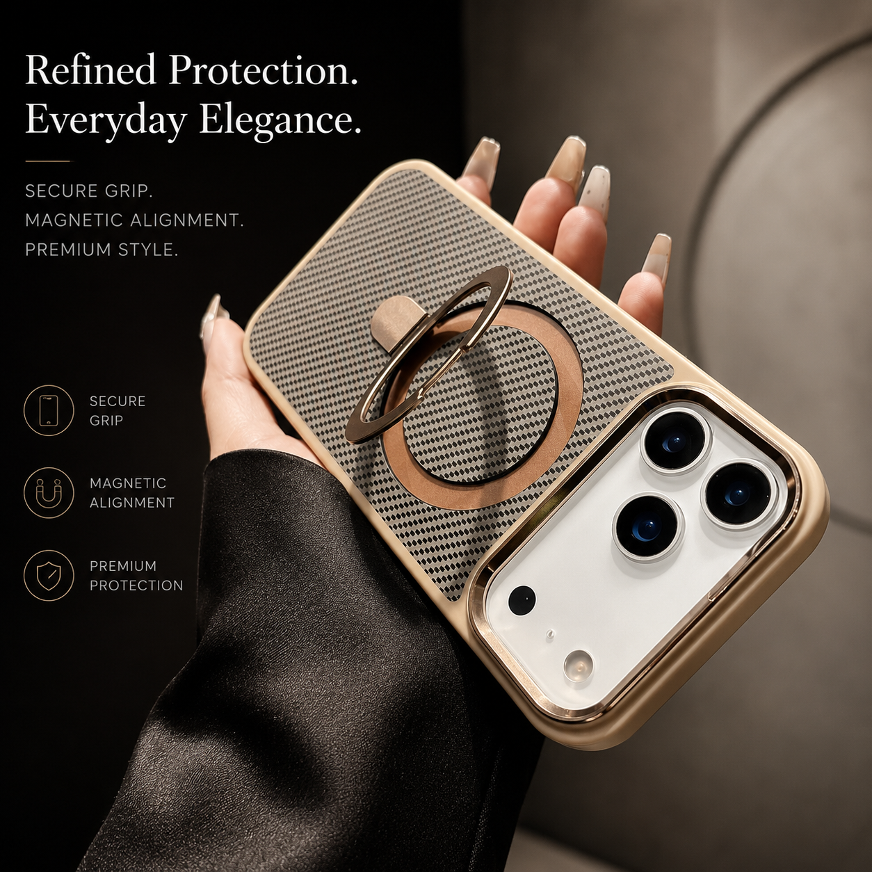 Premium iPhone Case Magnetic Carbon Fiber Texture Cover Stand Holder Shockproof Anti Fingerprint Slim PC Camera Protection Half Wrapped Design