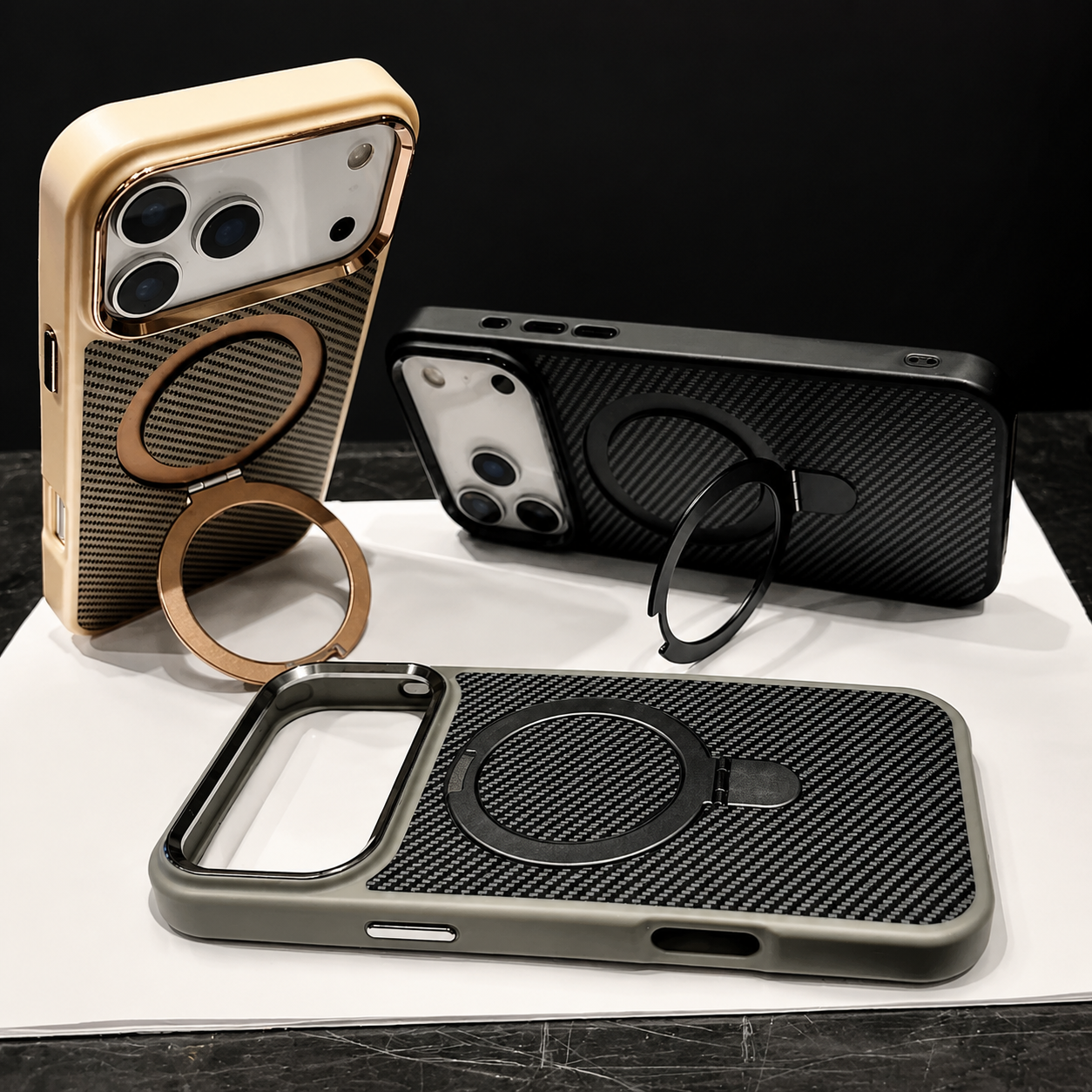 Premium iPhone Case Magnetic Carbon Fiber Texture Cover Stand Holder Shockproof Anti Fingerprint Slim PC Camera Protection Half Wrapped Design