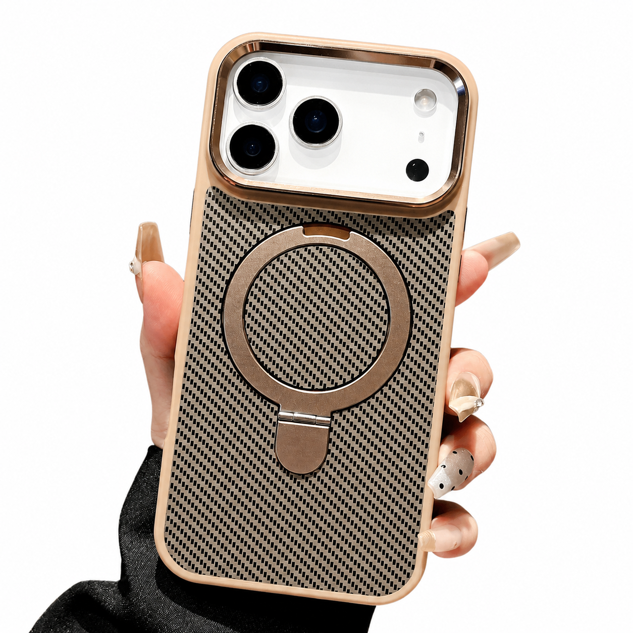 Premium iPhone Case Magnetic Carbon Fiber Texture Cover Stand Holder Shockproof Anti Fingerprint Slim PC Camera Protection Half Wrapped Design