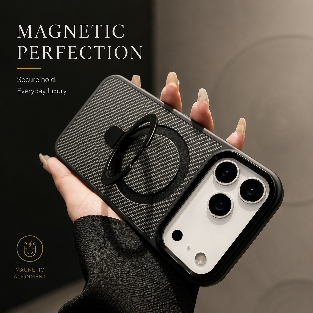 Premium iPhone Case Magnetic Carbon Fiber Texture Cover Stand Holder Shockproof Anti Fingerprint Slim PC Camera Protection Half Wrapped Design