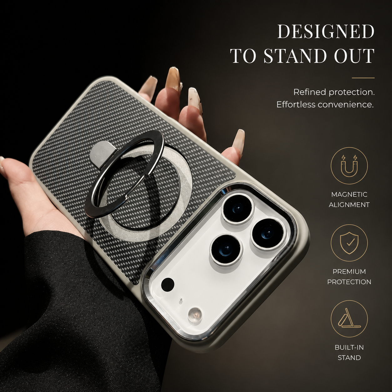 Premium iPhone Case Magnetic Carbon Fiber Texture Cover Stand Holder Shockproof Anti Fingerprint Slim PC Camera Protection Half Wrapped Design