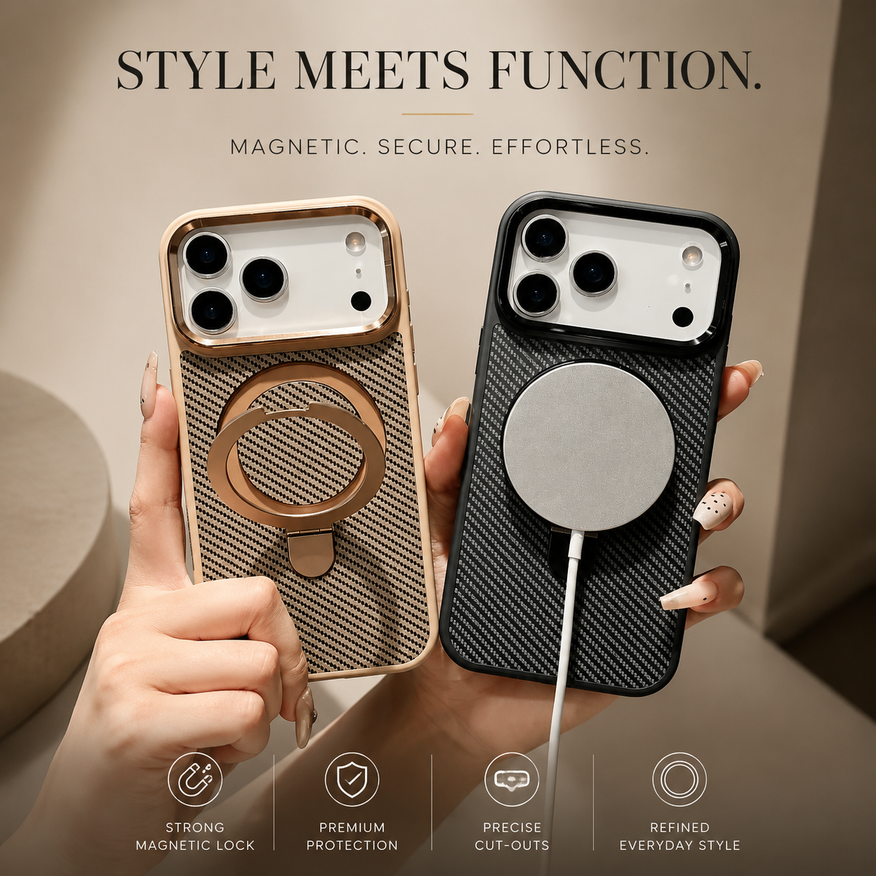 Premium iPhone Case Magnetic Carbon Fiber Texture Cover Stand Holder Shockproof Anti Fingerprint Slim PC Camera Protection Half Wrapped Design