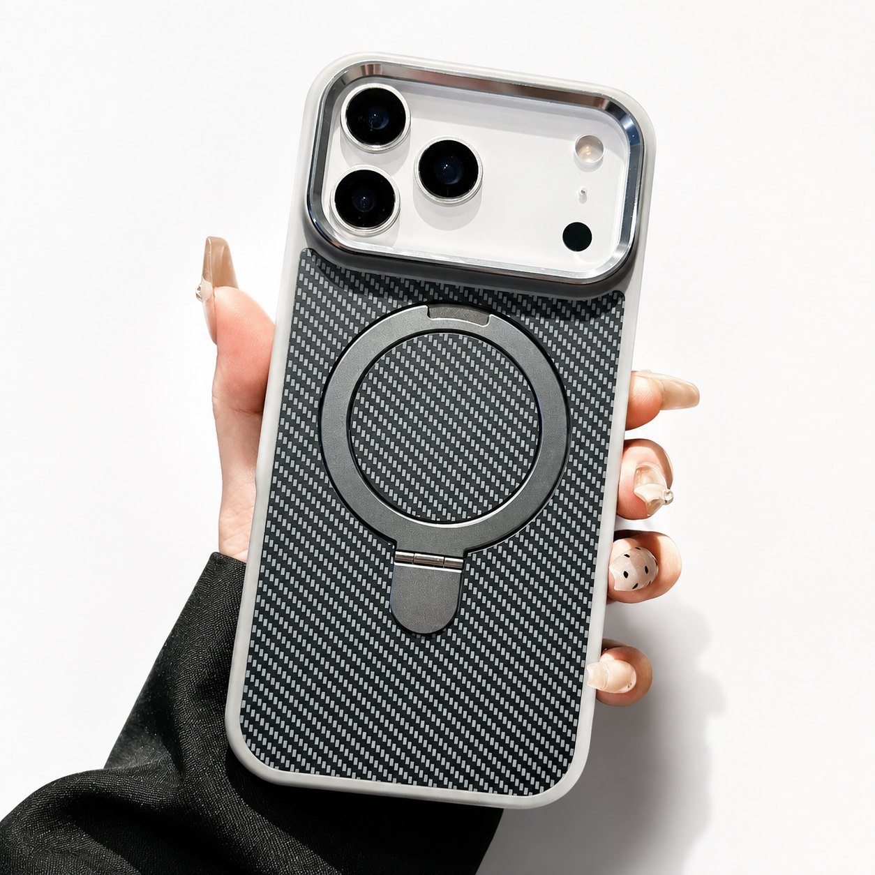 Premium iPhone Case Magnetic Carbon Fiber Texture Cover Stand Holder Shockproof Anti Fingerprint Slim PC Camera Protection Half Wrapped Design